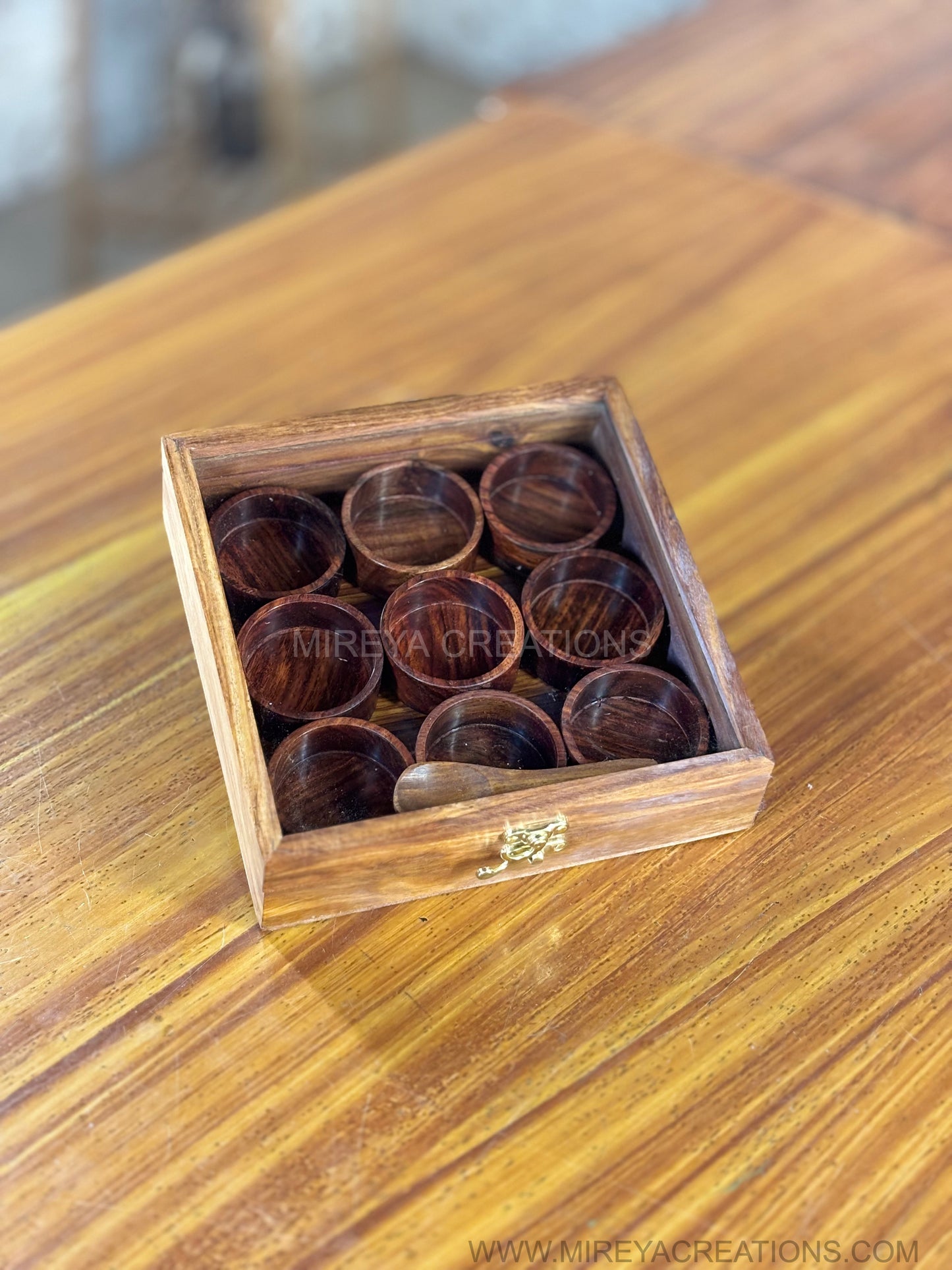 Wooden Masala & Dry Fruit Box Return Gift | Square Wooden Organizer with Spoon & Katoris | Wedding & Housewarming Favor Under ₹1500
