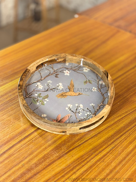 Round Wooden Printed Serving Tray Return Gift | Decorative Floral Bird Print Tray | Wedding & Housewarming Favor