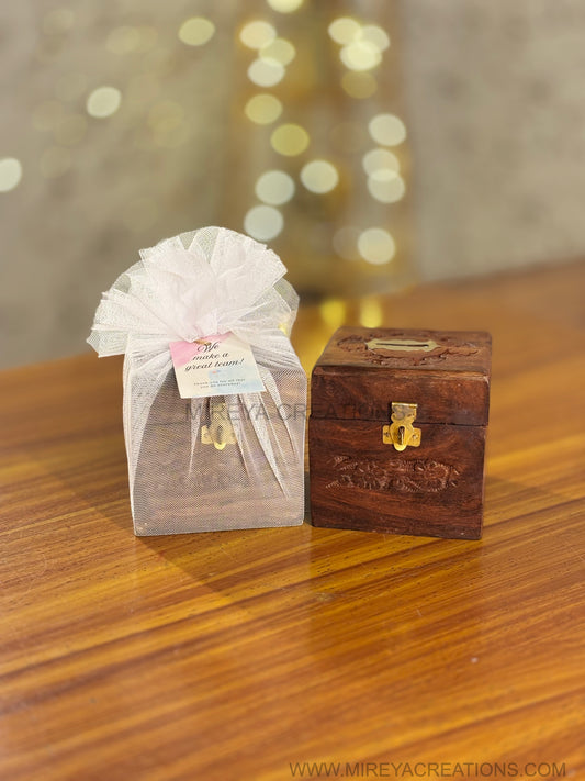 Mini Wooden Piggy Bank | Coin Box Return Gift | Traditional Wooden Storage Box with Brass Inlay | Wedding & Birthday Favor Under ₹250