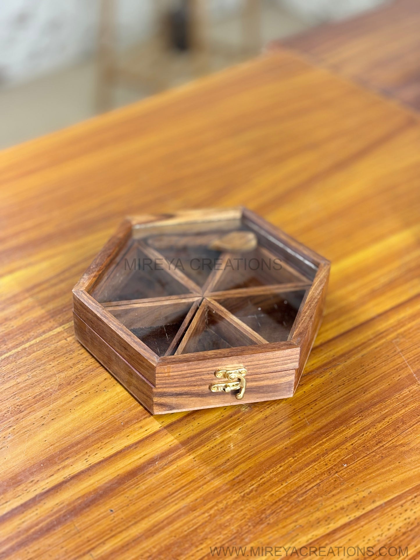 Hexagon Wooden Dry Fruit Box Return Gift | Wooden Organizer with Spoon & Transparent Lid | Wedding & Festive Favor Under ₹1000