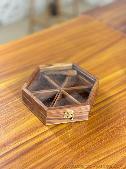 Hexagon Wooden Dry Fruit Box Return Gift | Wooden Organizer with Spoon & Transparent Lid | Wedding & Festive Favor Under ₹1000