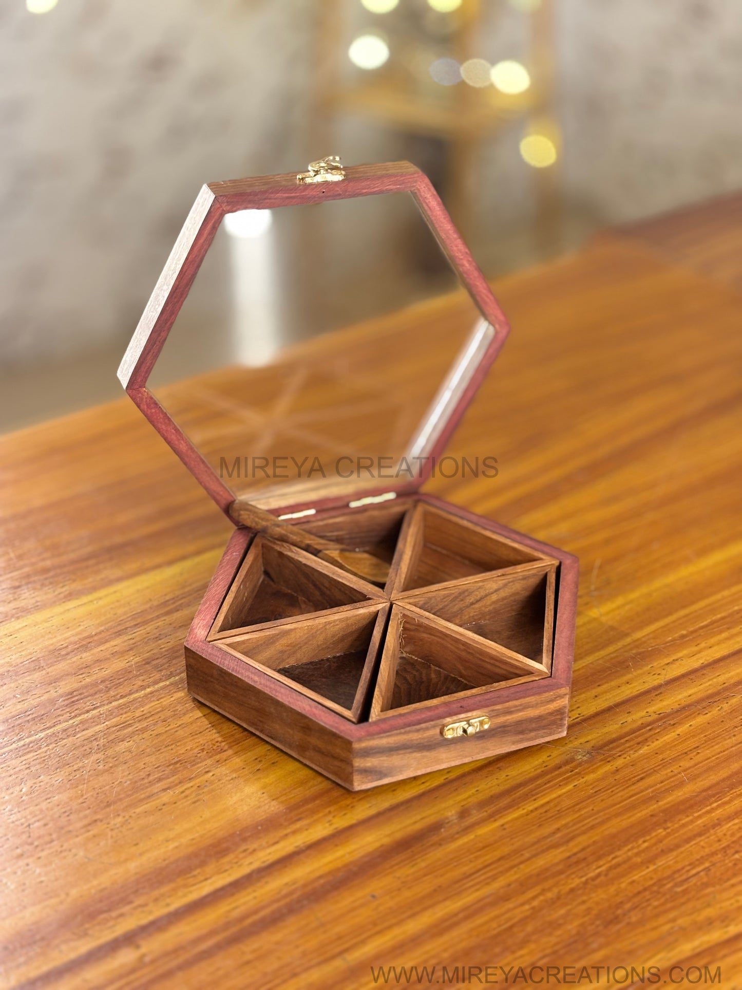 Hexagon Wooden Dry Fruit Box Return Gift | Wooden Organizer with Spoon & Transparent Lid | Wedding & Festive Favor Under ₹1000