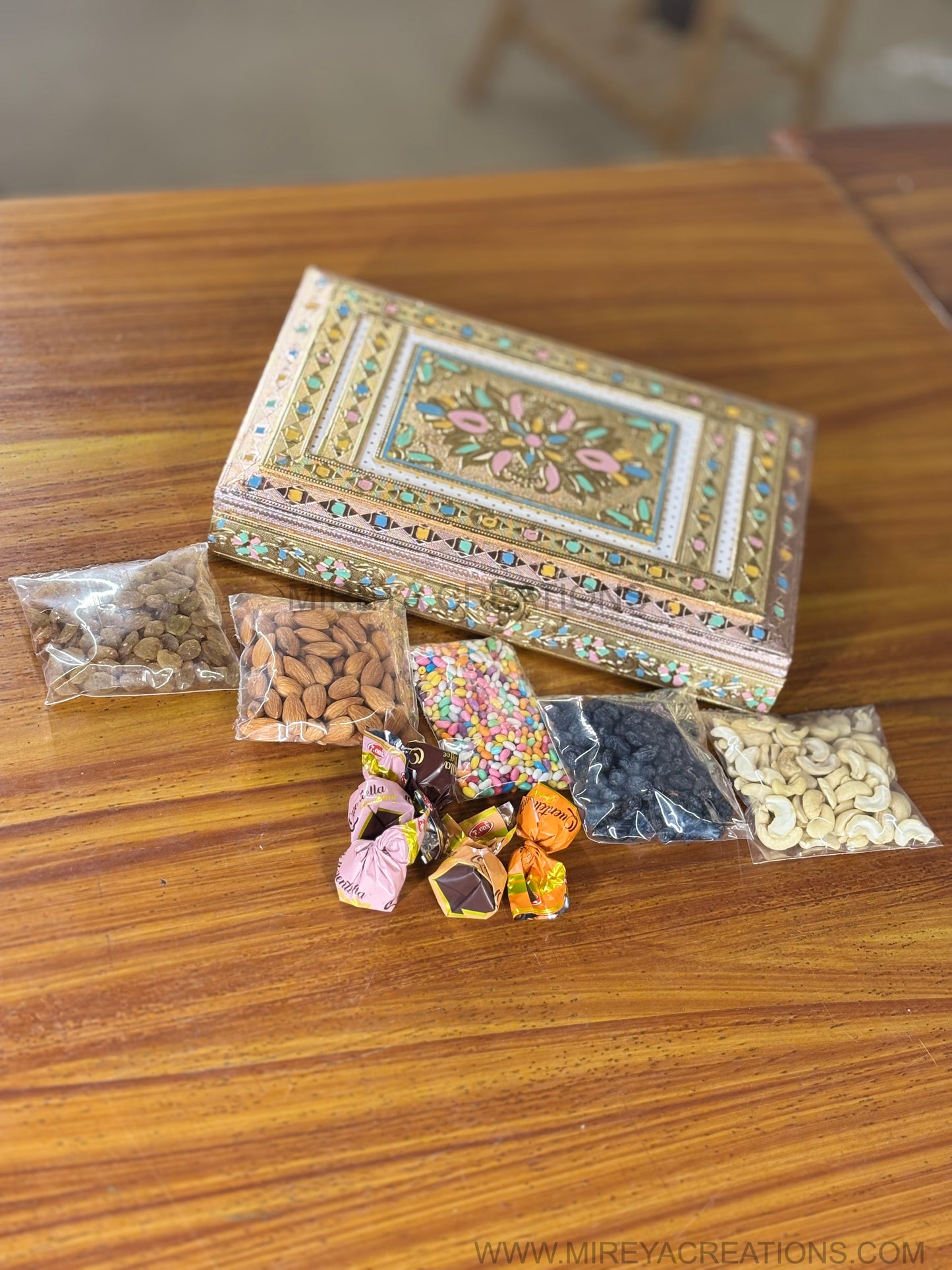 Pastel Meena Work Dry Fruit & Chocolate Hamper Return Gift | Decorative Meenakari Keepsake Box | Wedding & Festive Favor Under ₹1000