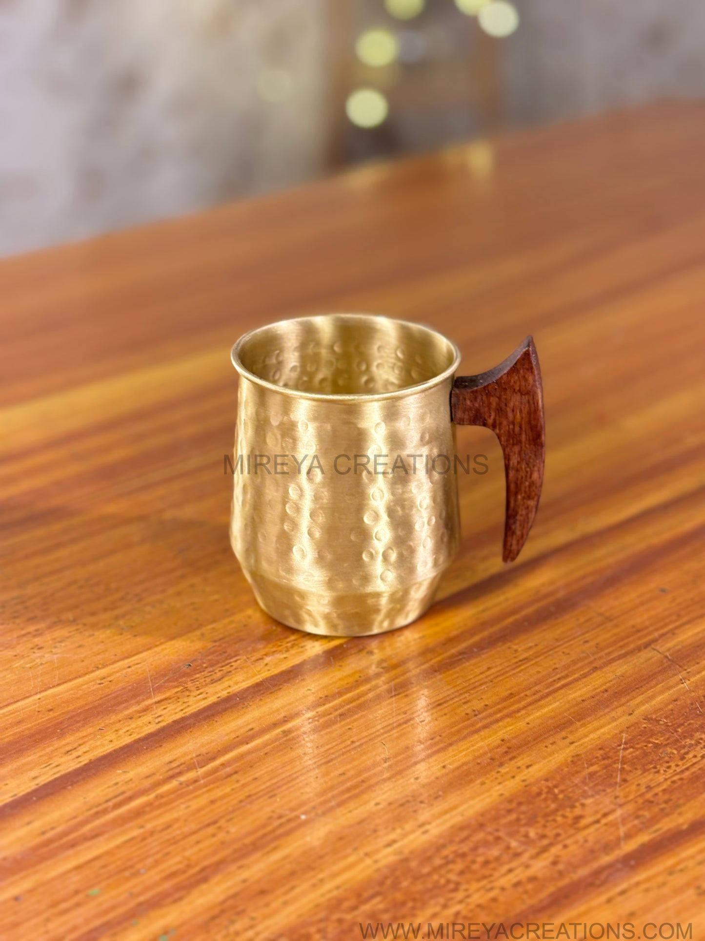 Brass Hammered Mug with Wooden Handle Return Gift | Handcrafted Brass Mug Under ₹900 | Wedding & Puja Favor