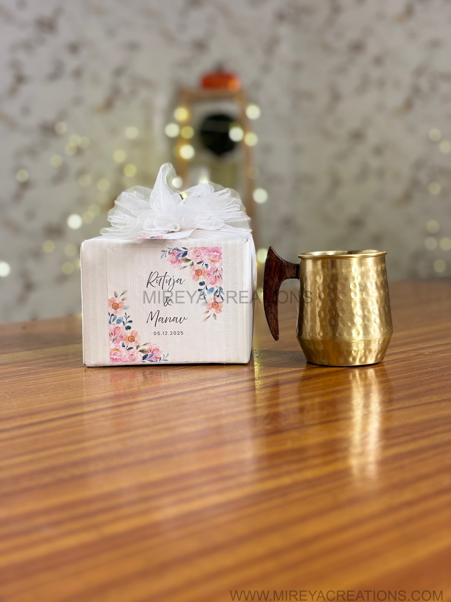 Brass Hammered Mug with Wooden Handle Return Gift | Handcrafted Brass Mug Under ₹900 | Wedding & Puja Favor