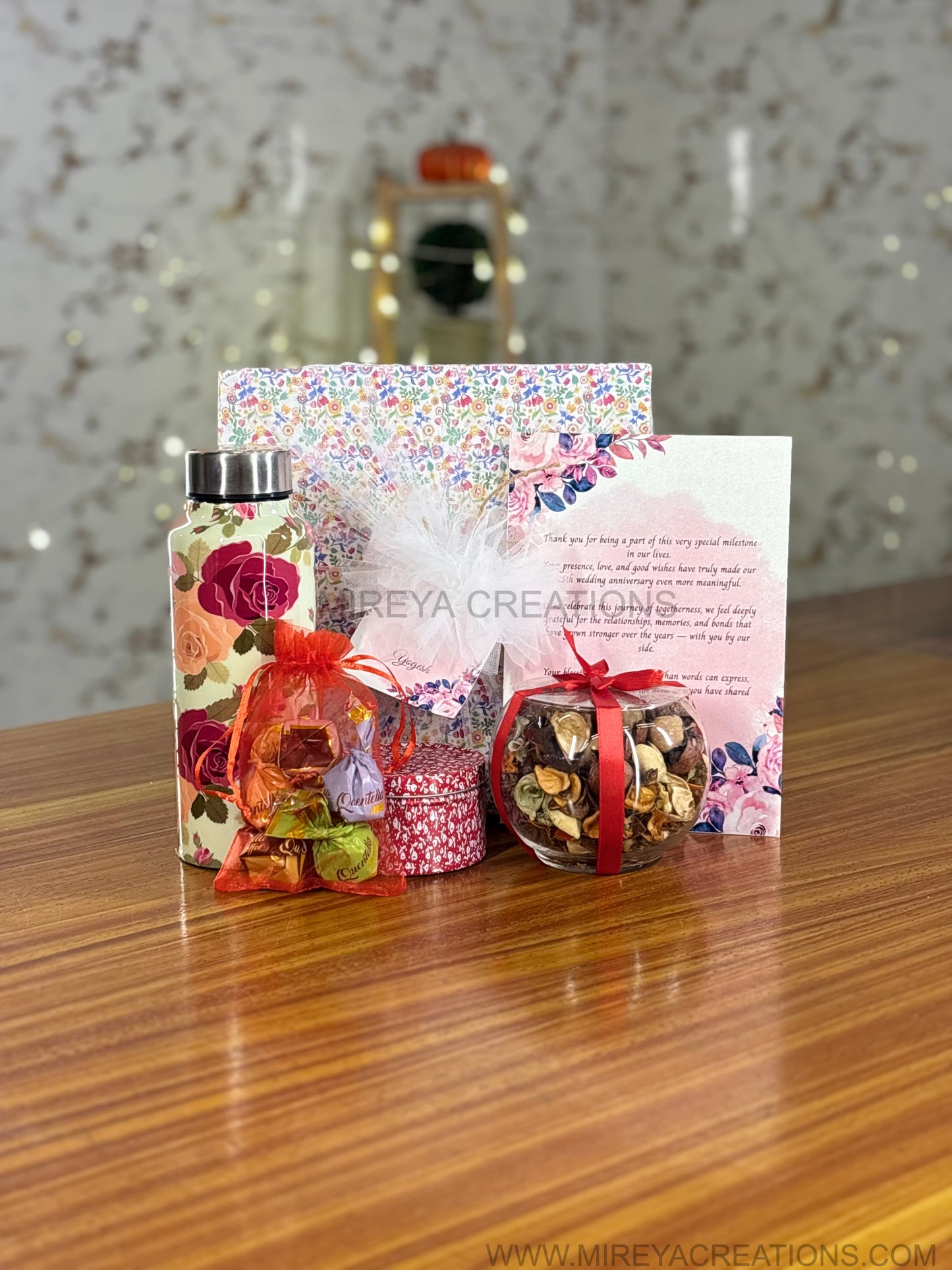 Printed Steel Bottle Gift Set Return Gift | Candle, Potpourri, Card & Chocolates Combo Under ₹1100 | Wedding & Event Favor