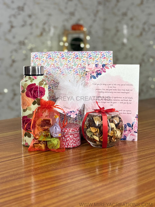 Printed Steel Bottle Gift Set Return Gift | Candle, Potpourri, Card & Chocolates Combo Under ₹1100 | Wedding & Event Favor