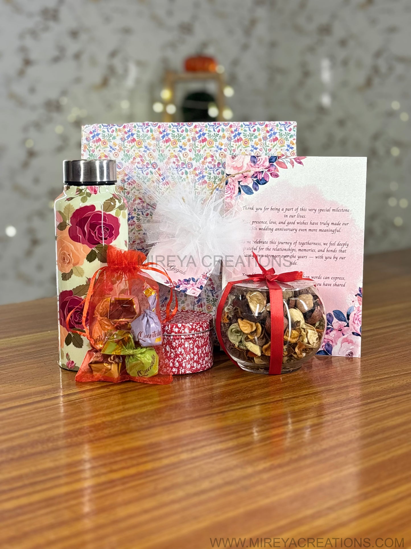 Printed Steel Bottle Gift Set Return Gift | Candle, Potpourri, Card & Chocolates Combo Under ₹1100 | Wedding & Event Favor