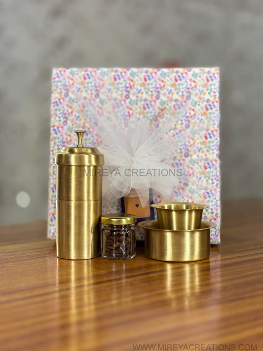 Traditional Brass Coffee Set Return Gift | Coffee Filter, Dabara & Bean Jar Under ₹1800 | Wedding & Puja Favor