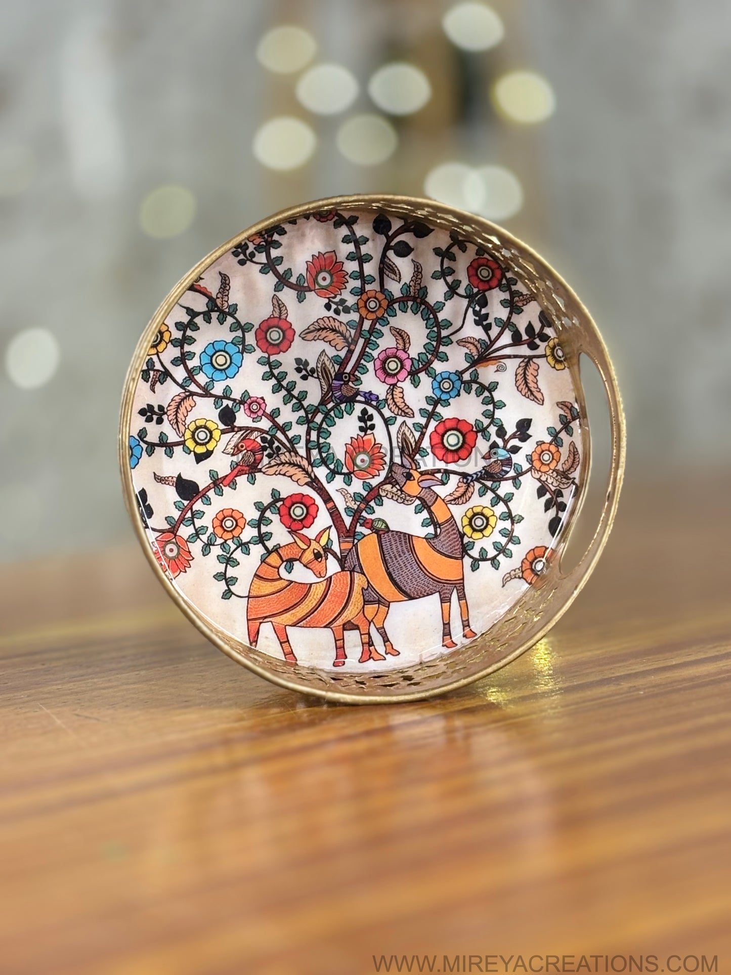 Printed Round Tray with Brass Cone Jar Return Gift | Decorative Combo Gift Under ₹500 | Wedding & Housewarming Favor