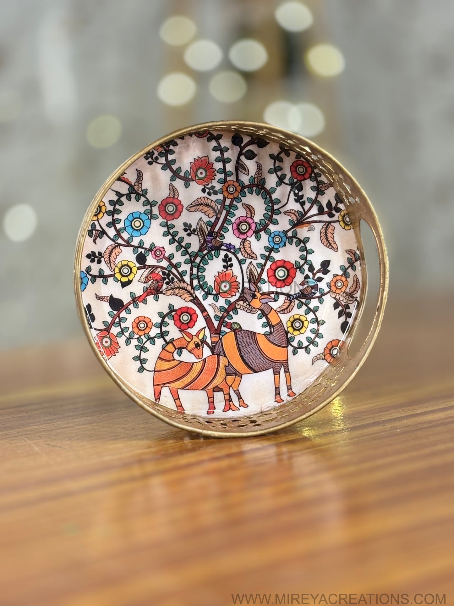 Printed Round Tray with Brass Cone Jar & Chocolates Return Gift | Combo Gift Under ₹500 | Wedding & Housewarming Favor