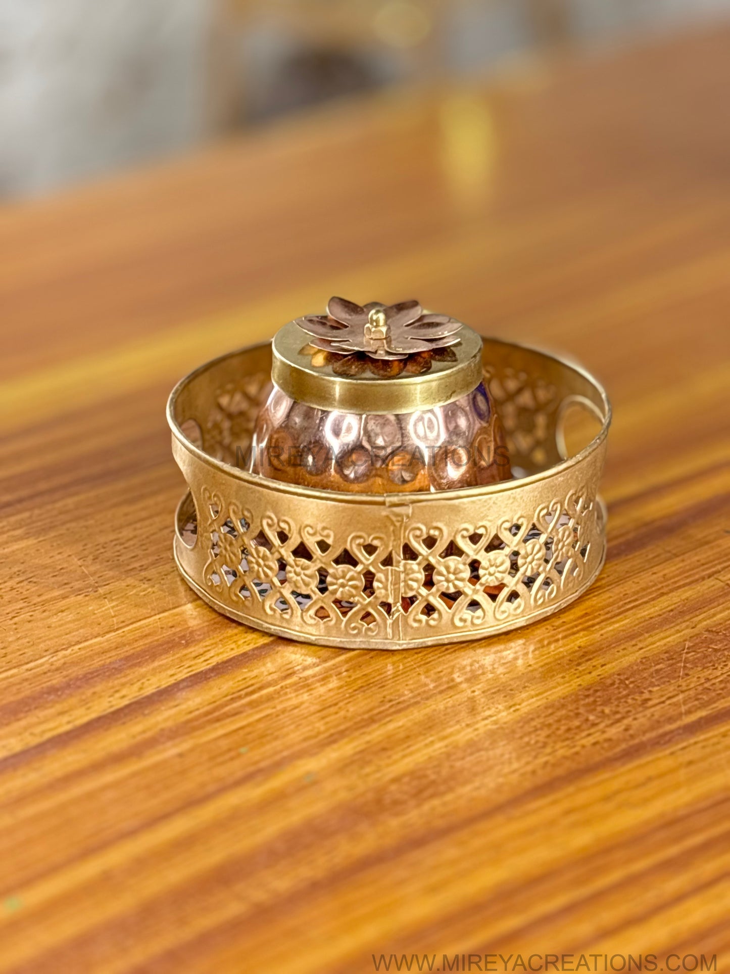 Printed Round Tray with Brass Cone Jar Return Gift | Decorative Combo Gift Under ₹500 | Wedding & Housewarming Favor