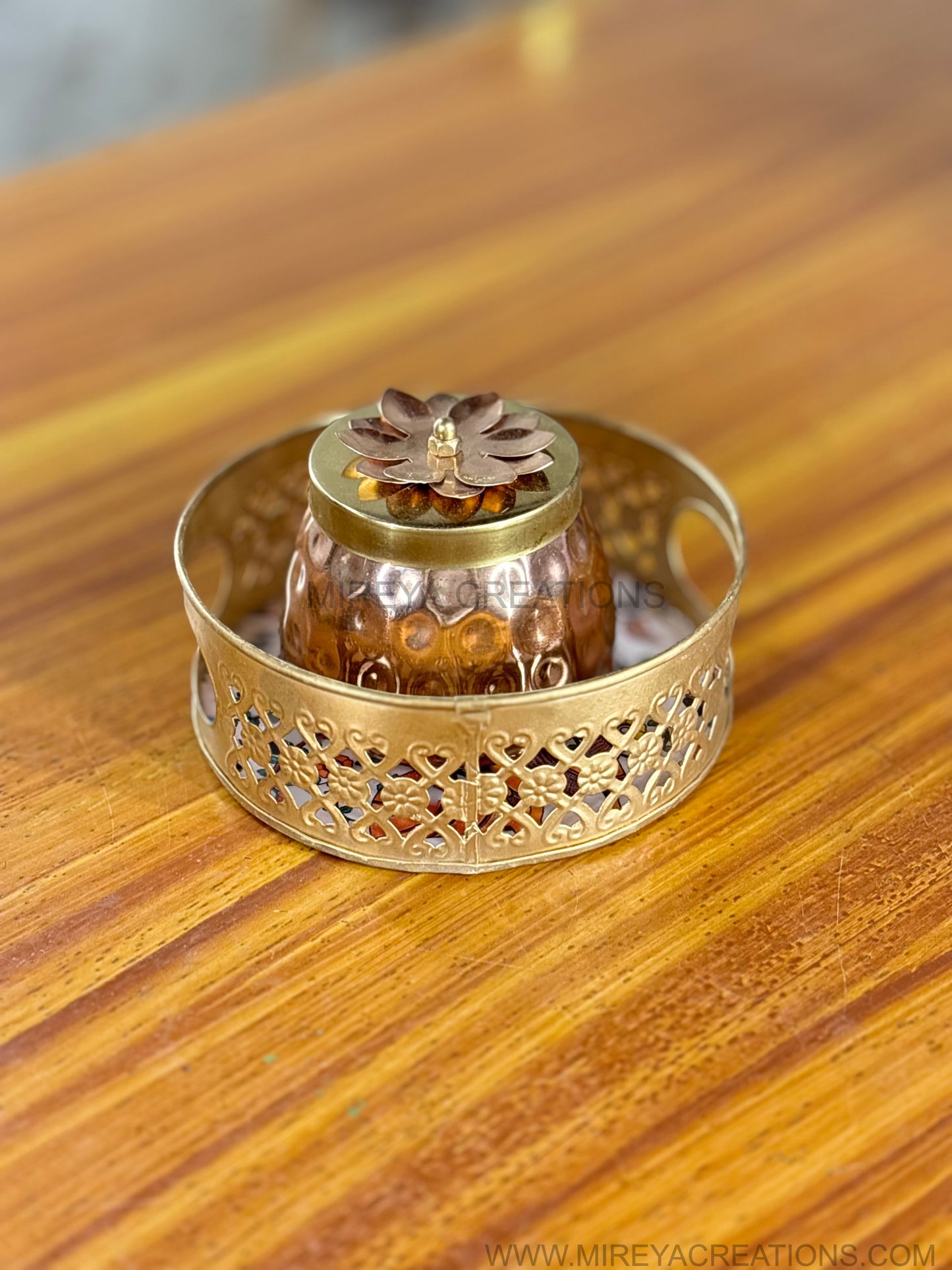 Printed Round Tray with Brass Cone Jar Return Gift | Decorative Combo Gift Under ₹500 | Wedding & Housewarming Favor