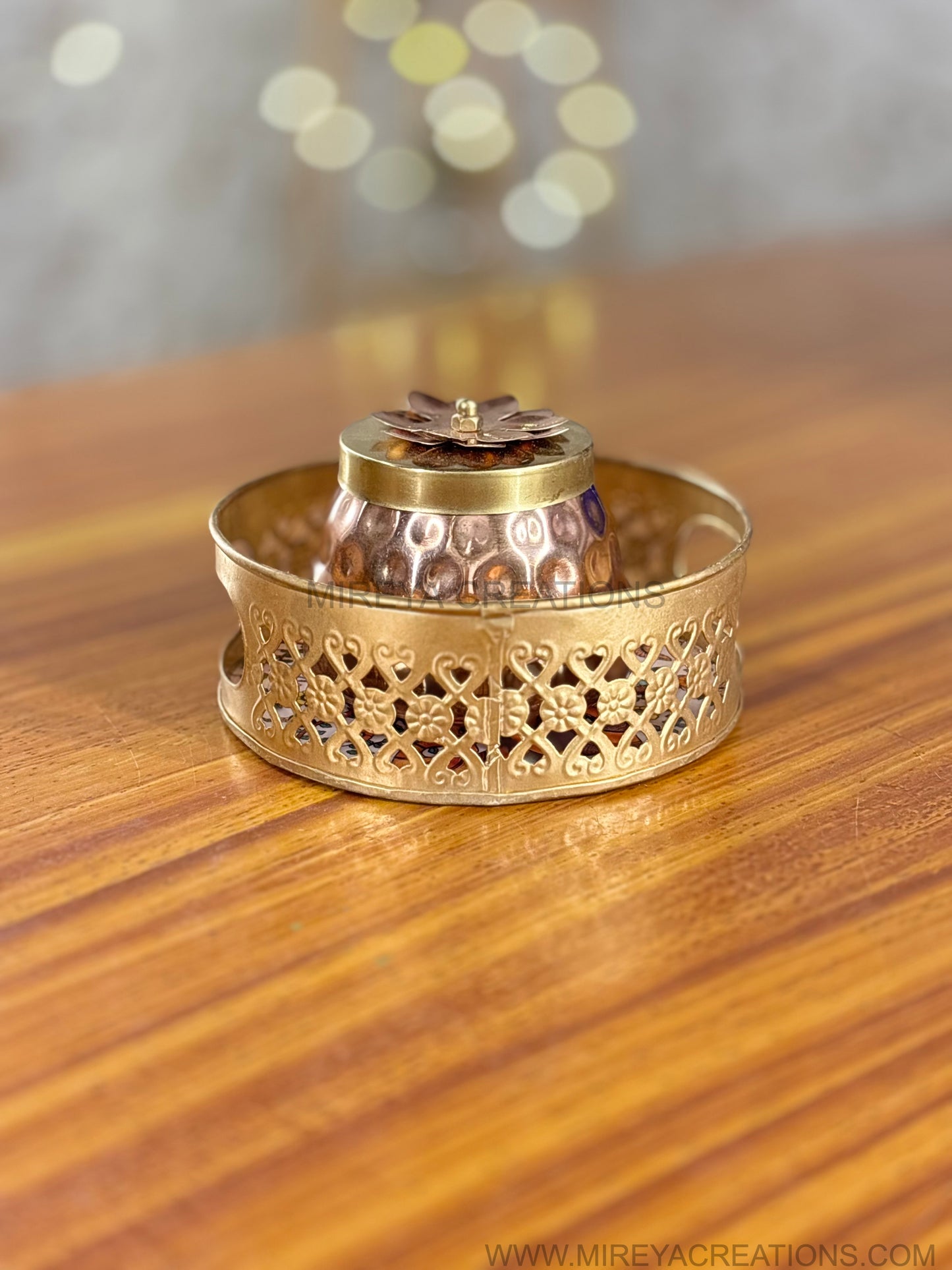 Printed Round Tray with Brass Cone Jar Return Gift | Decorative Combo Gift Under ₹500 | Wedding & Housewarming Favor