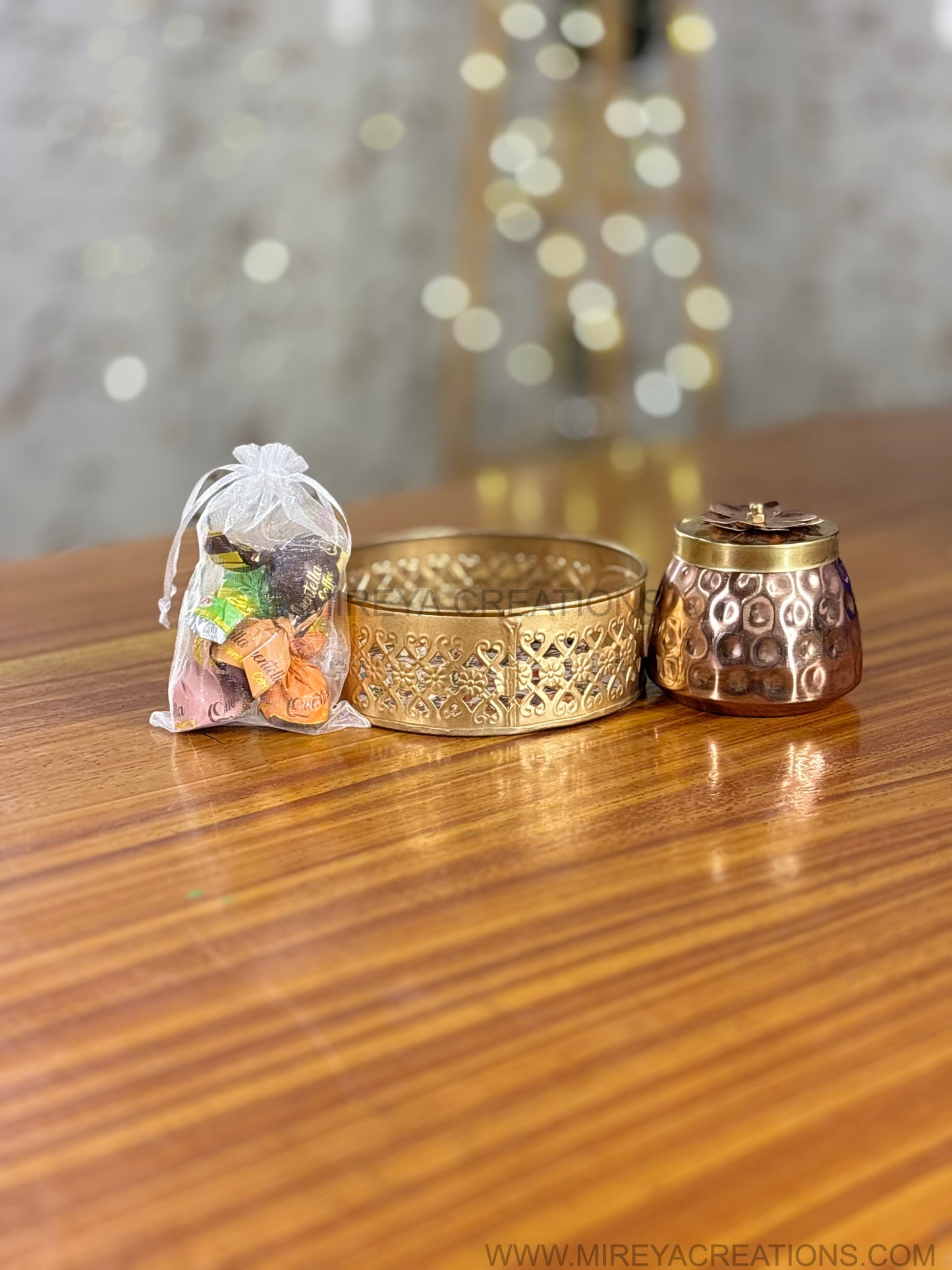 Printed Round Tray with Brass Cone Jar & Chocolates Return Gift | Combo Gift Under ₹500 | Wedding & Housewarming Favor