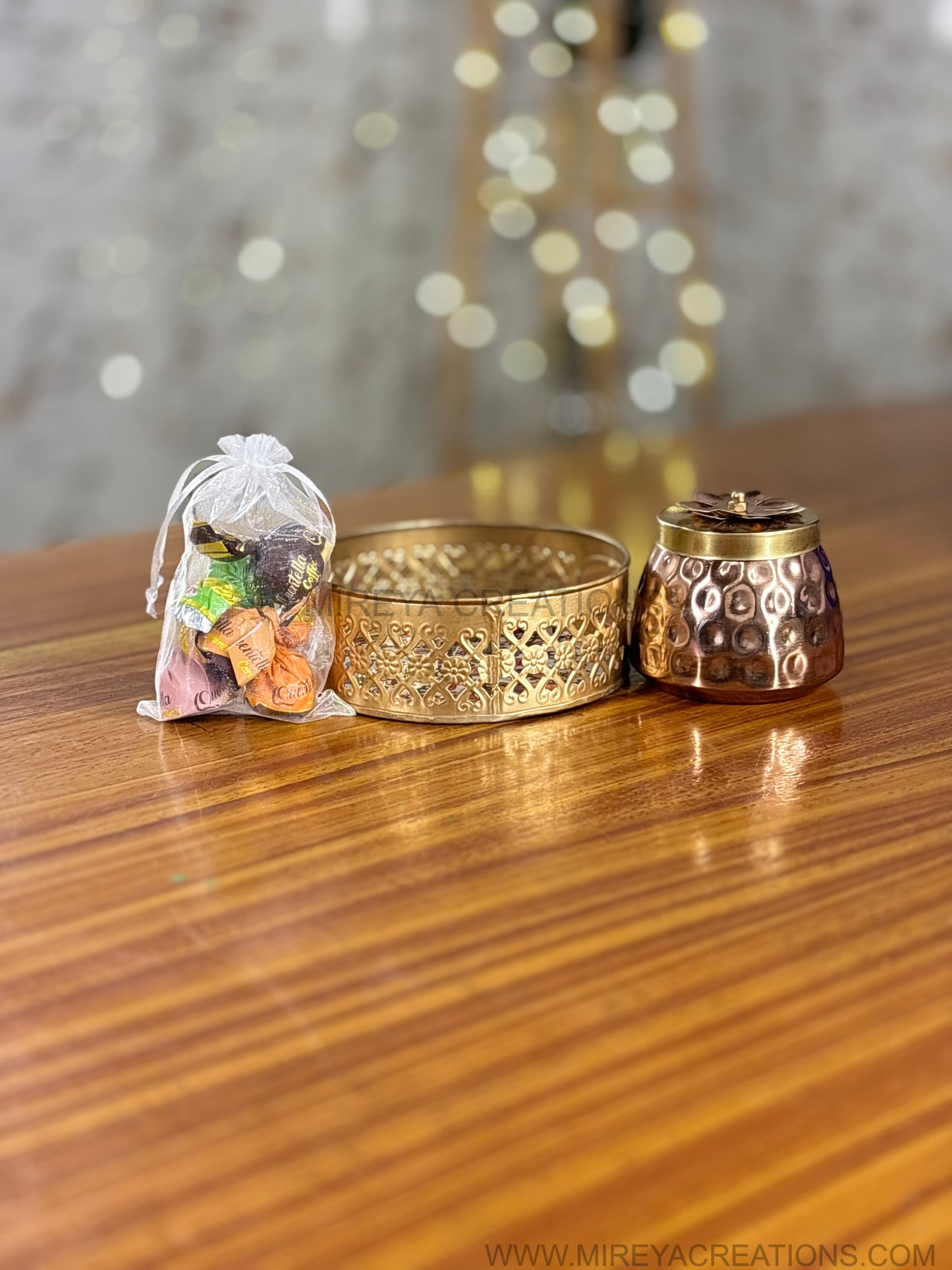 Printed Round Tray with Brass Cone Jar & Chocolates Return Gift | Combo Gift Under ₹500 | Wedding & Housewarming Favor