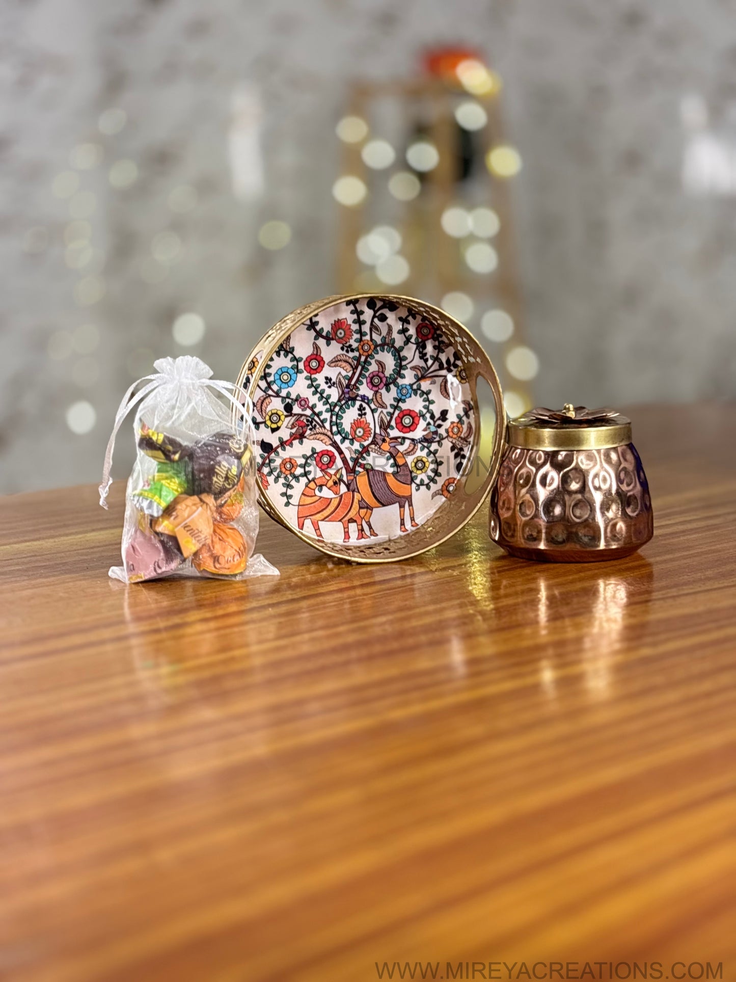 Printed Round Tray with Brass Cone Jar & Chocolates Return Gift | Combo Gift Under ₹500 | Wedding & Housewarming Favor