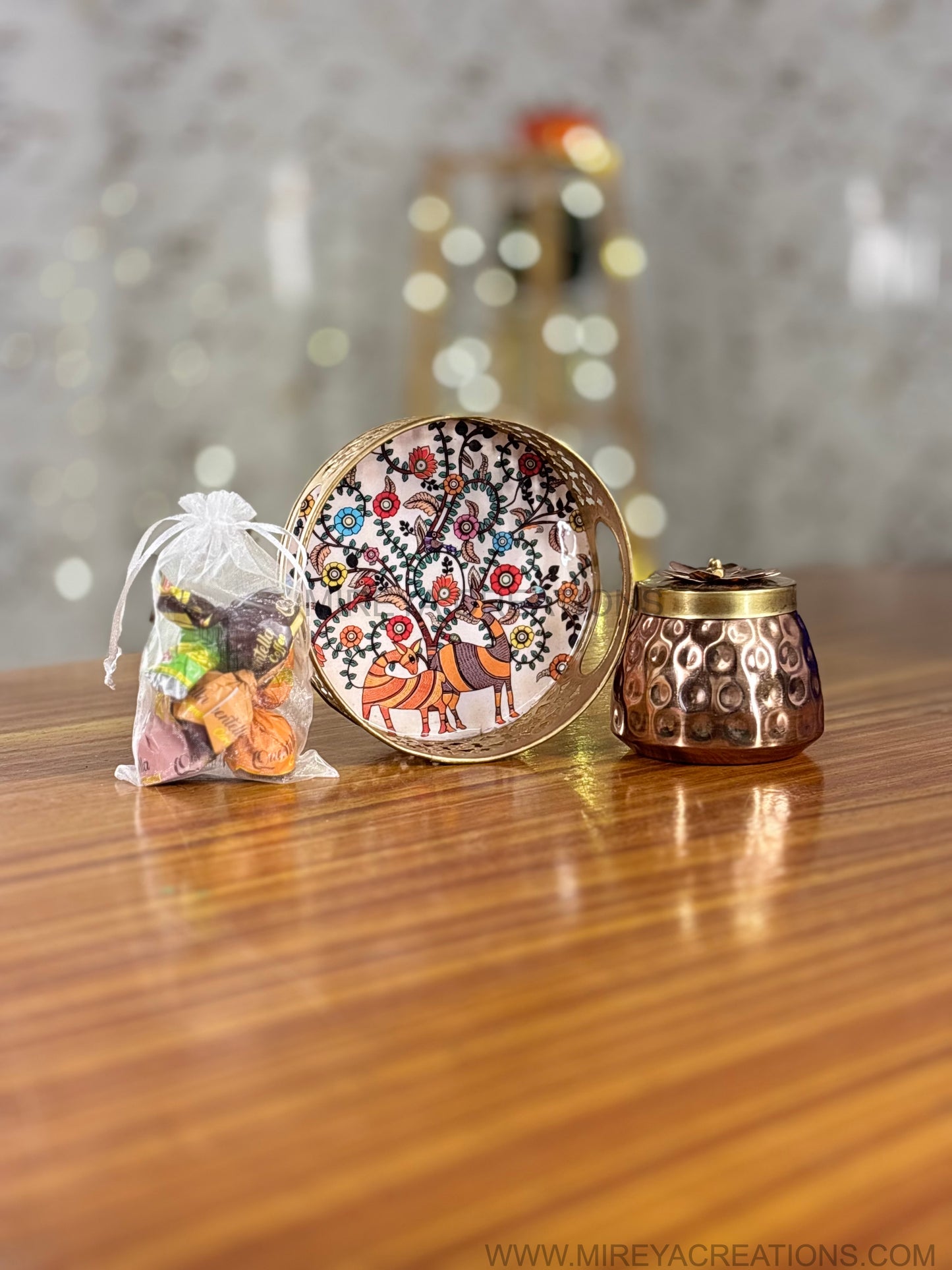 Printed Round Tray with Brass Cone Jar & Chocolates Return Gift | Combo Gift Under ₹500 | Wedding & Housewarming Favor