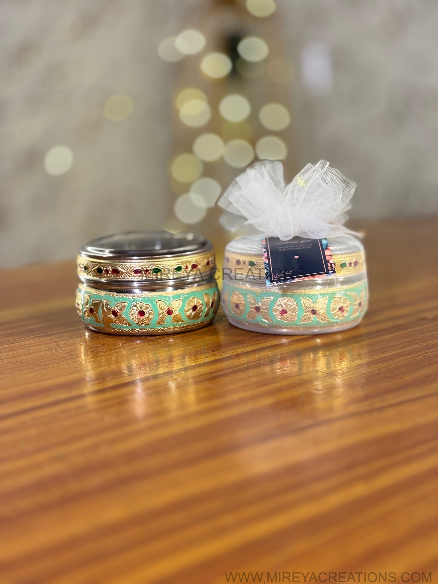 Green Meenakari Steel Box Return Gift | Decorative Steel Storage Box with Transparent Lid | Wedding & Housewarming Favor Under ₹200