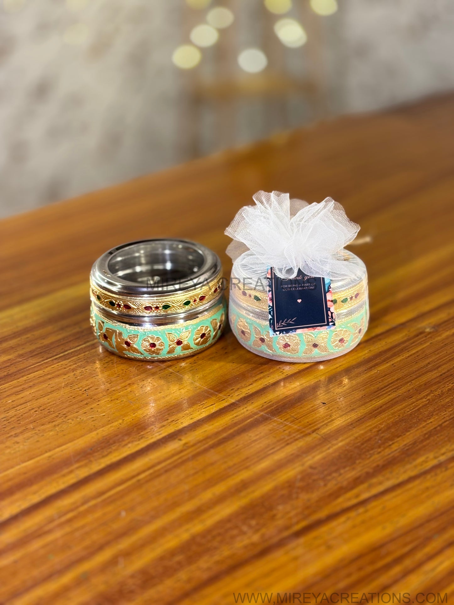 Green Meenakari Steel Box Return Gift | Decorative Steel Storage Box with Transparent Lid | Wedding & Housewarming Favor Under ₹200