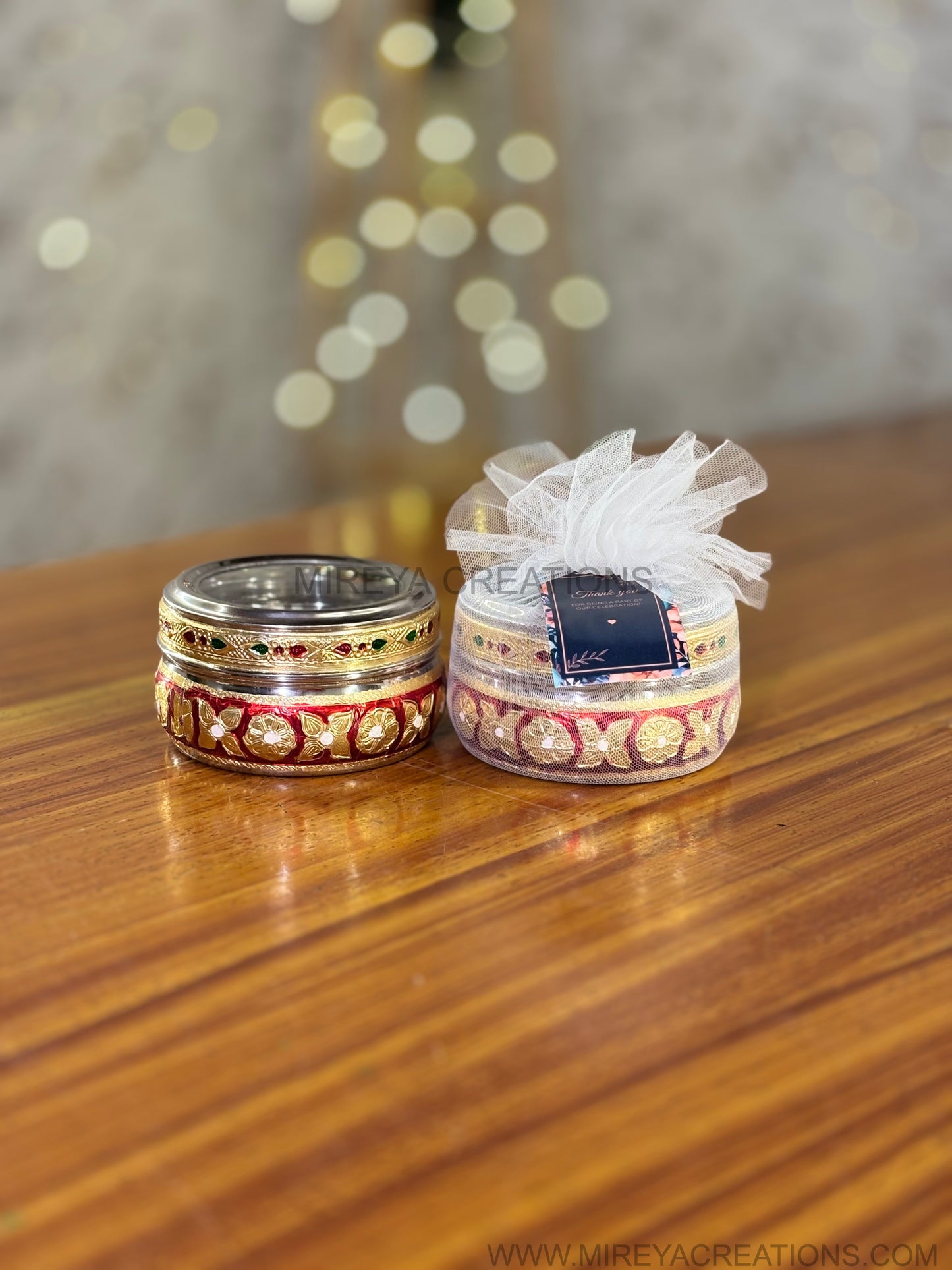 Red Meenakari Box with Transparent Lid Return Gift | Decorative Steel Sweet Box with Transparent Lid | Wedding & Housewarming Favor Under ₹200