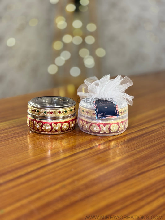 Red Meenakari Box with Transparent Lid Return Gift | Decorative Steel Sweet Box with Transparent Lid | Wedding & Housewarming Favor Under ₹200
