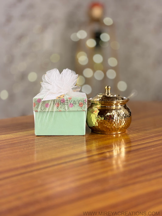 Hammered Brass Ghee Pot Return Gift | Traditional Brass Ghee Pot in Pastel Gift Box | Wedding & Housewarming Favor Under ₹1300