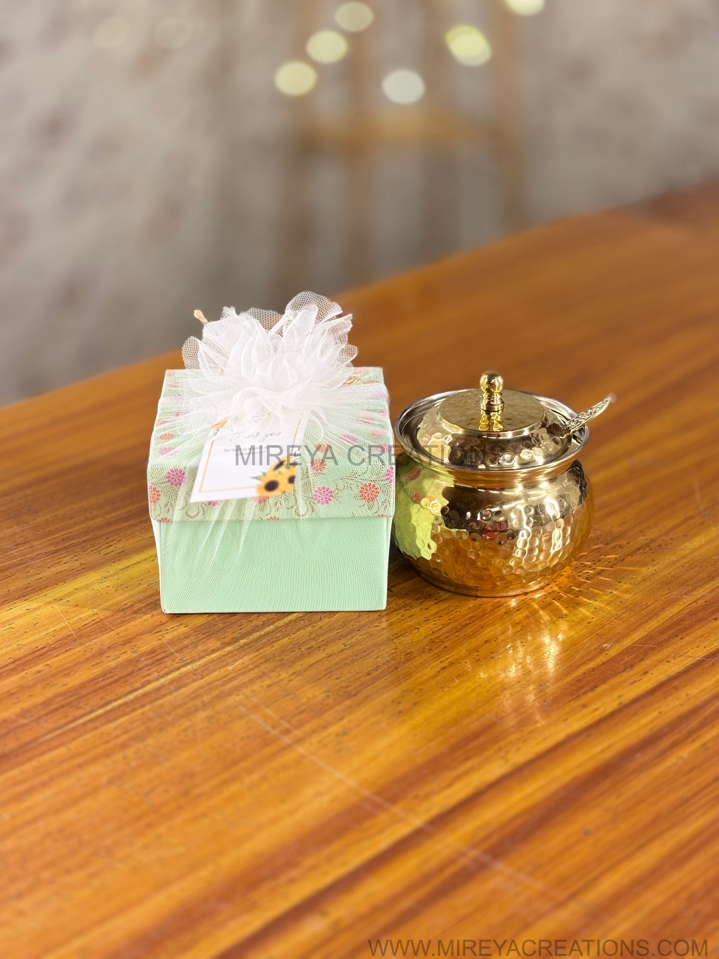 Hammered Brass Ghee Pot Return Gift | Traditional Brass Ghee Pot in Pastel Gift Box | Wedding & Housewarming Favor Under ₹1300