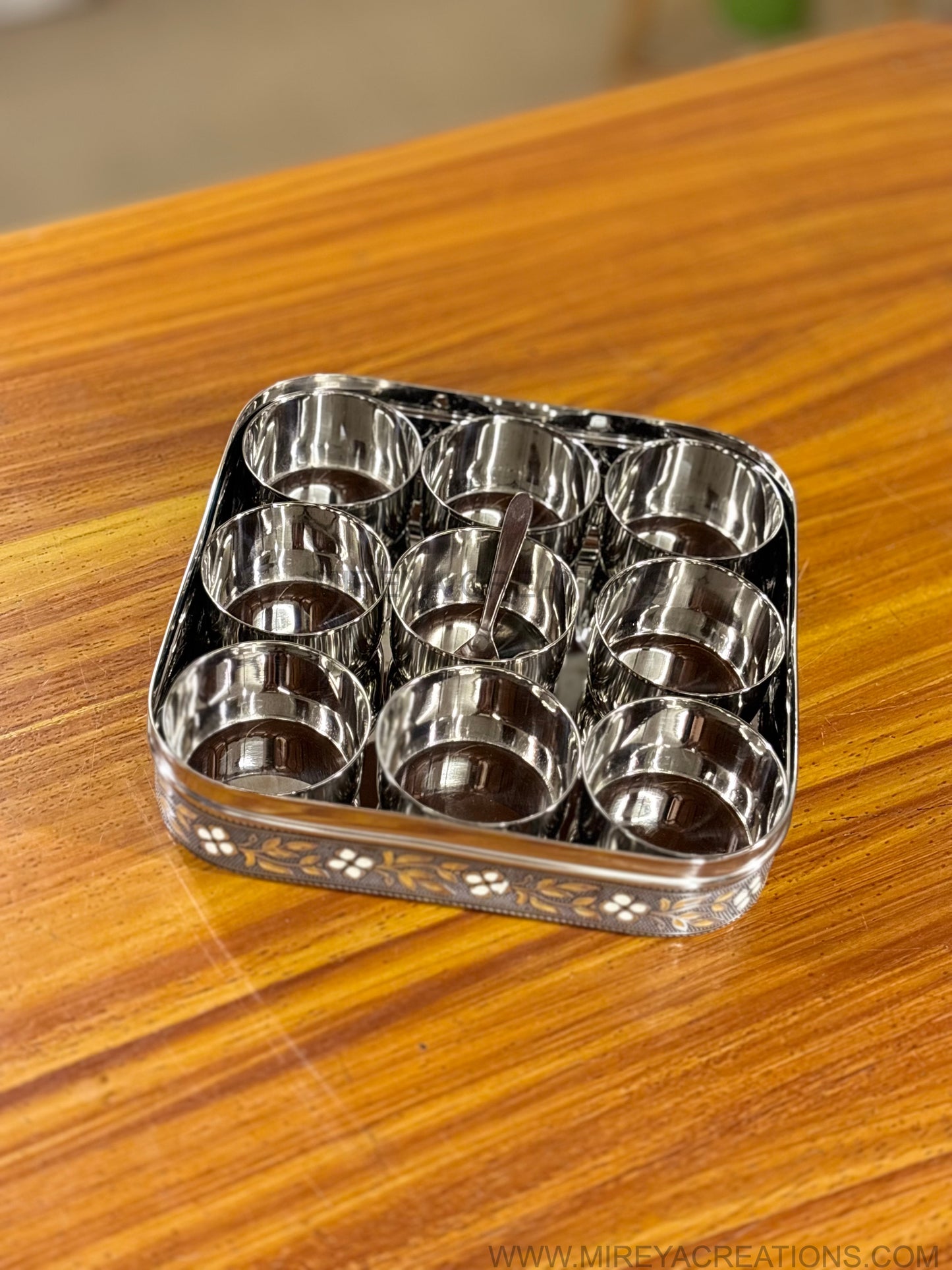 Meenakari Square Stainless Steel Spice Box Return Gift | Decorative Steel Masala Storage Box | Wedding & Housewarming Favor Under ₹2500