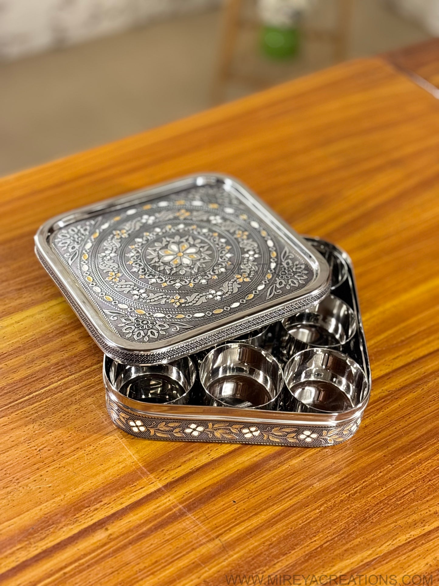 Meenakari Square Stainless Steel Spice Box Return Gift | Decorative Steel Masala Storage Box | Wedding & Housewarming Favor Under ₹2500