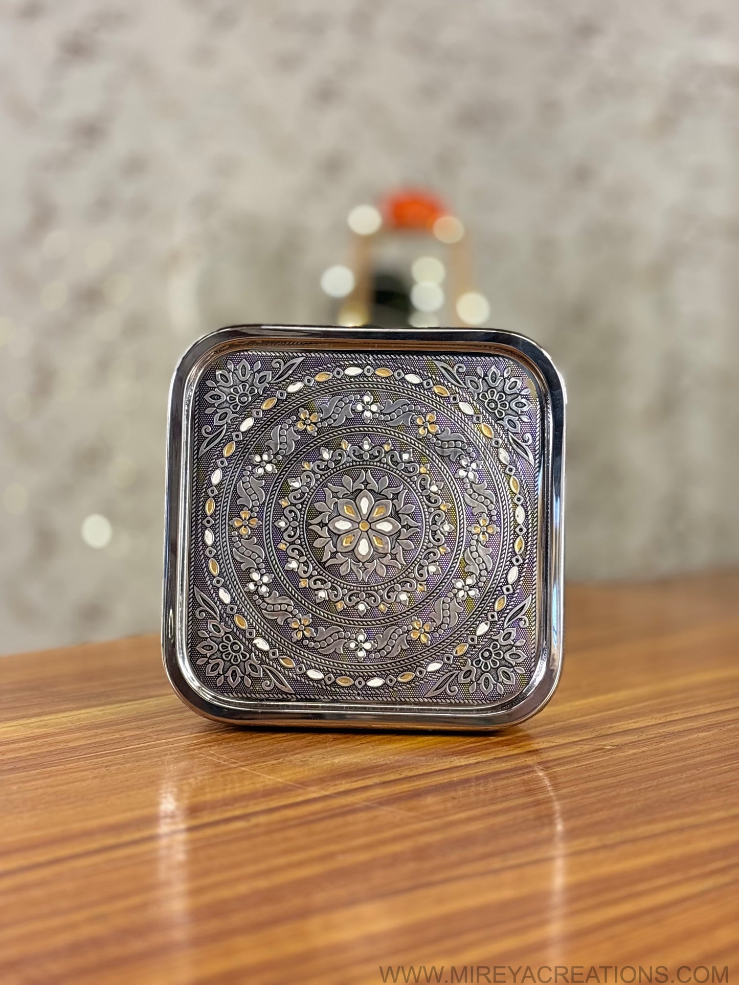 Meenakari Square Stainless Steel Spice Box Return Gift | Decorative Steel Masala Storage Box | Wedding & Housewarming Favor Under ₹2500