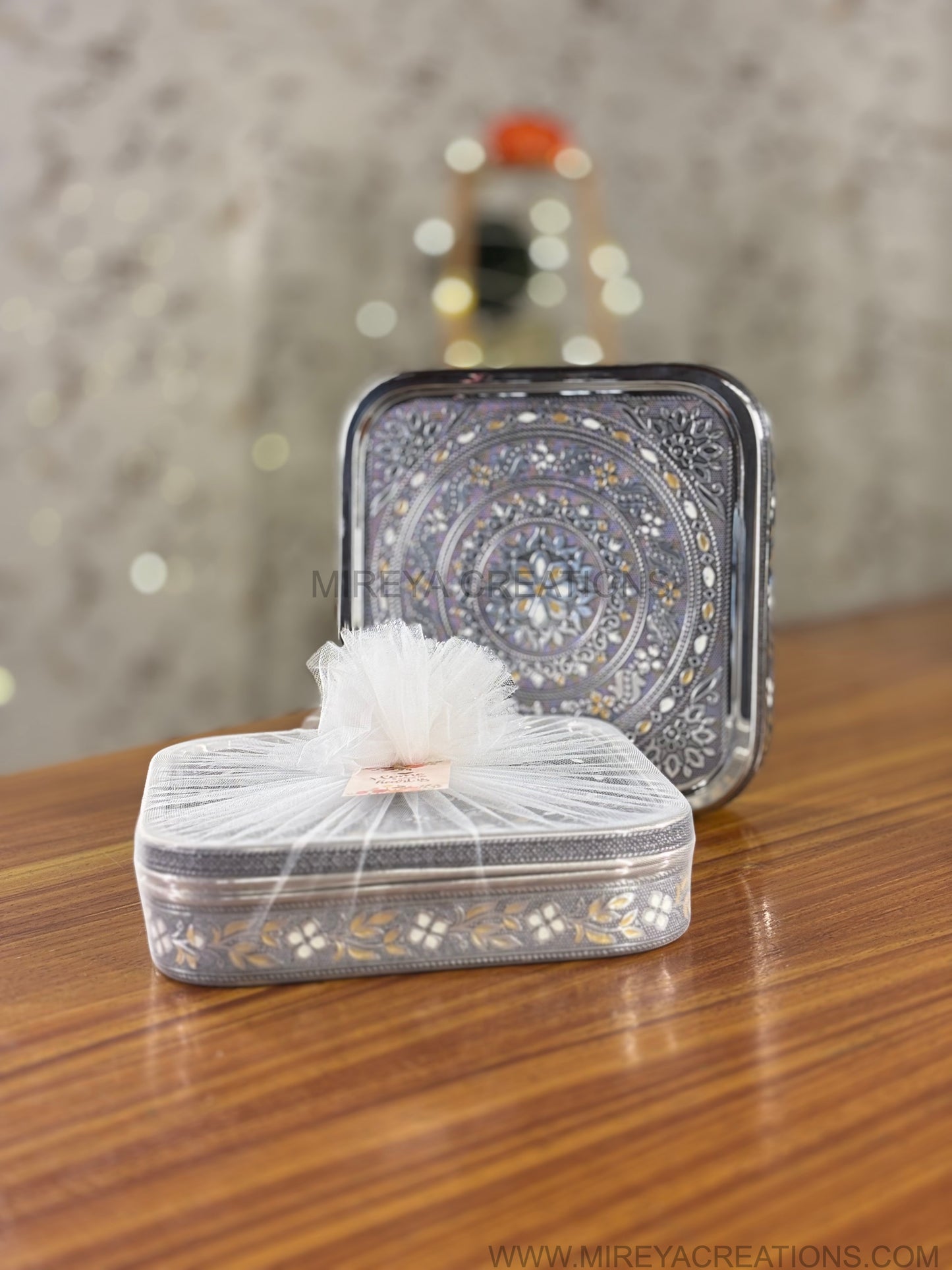 Meenakari Square Stainless Steel Spice Box Return Gift | Decorative Steel Masala Storage Box | Wedding & Housewarming Favor Under ₹2500