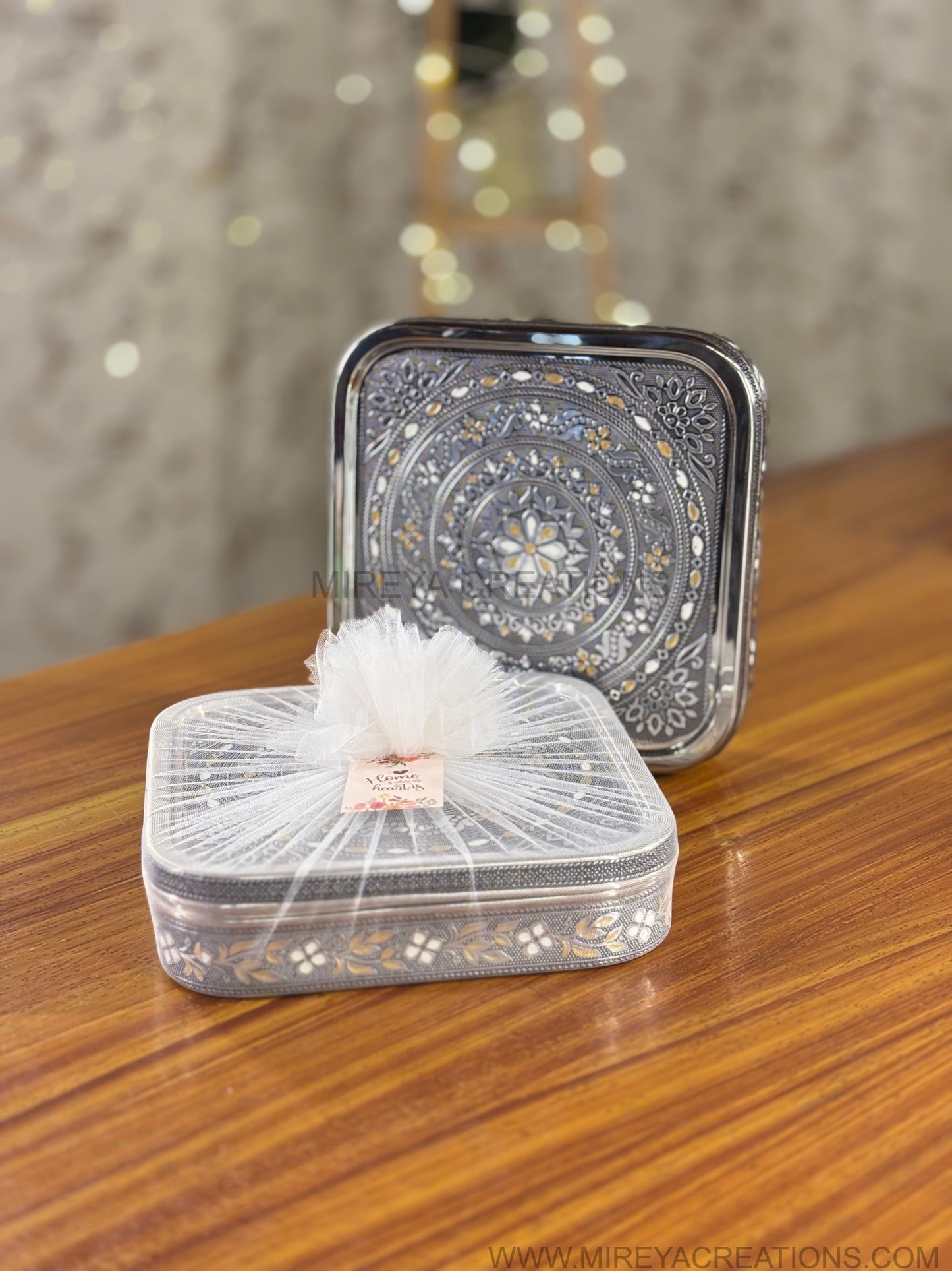 Meenakari Square Stainless Steel Spice Box Return Gift | Decorative Steel Masala Storage Box | Wedding & Housewarming Favor Under ₹2500