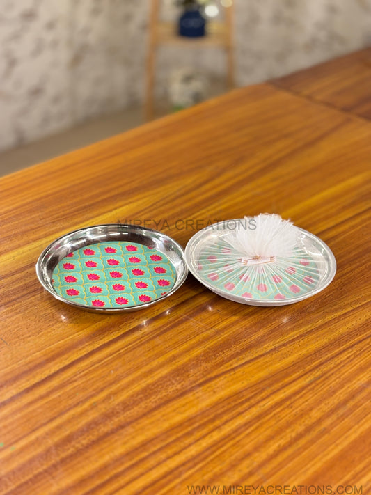 Stainless Steel Printed Plate Return Gift | Decorative Steel Serving Plate | Wedding & Housewarming Favor Under ₹300