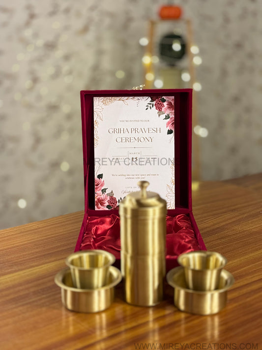Premium Brass Filter Coffee Gift Set Return Gift | Traditional Brass Coffee Set in Velvet Box with Invitation Card | Wedding & Housewarming Favor Under ₹2000