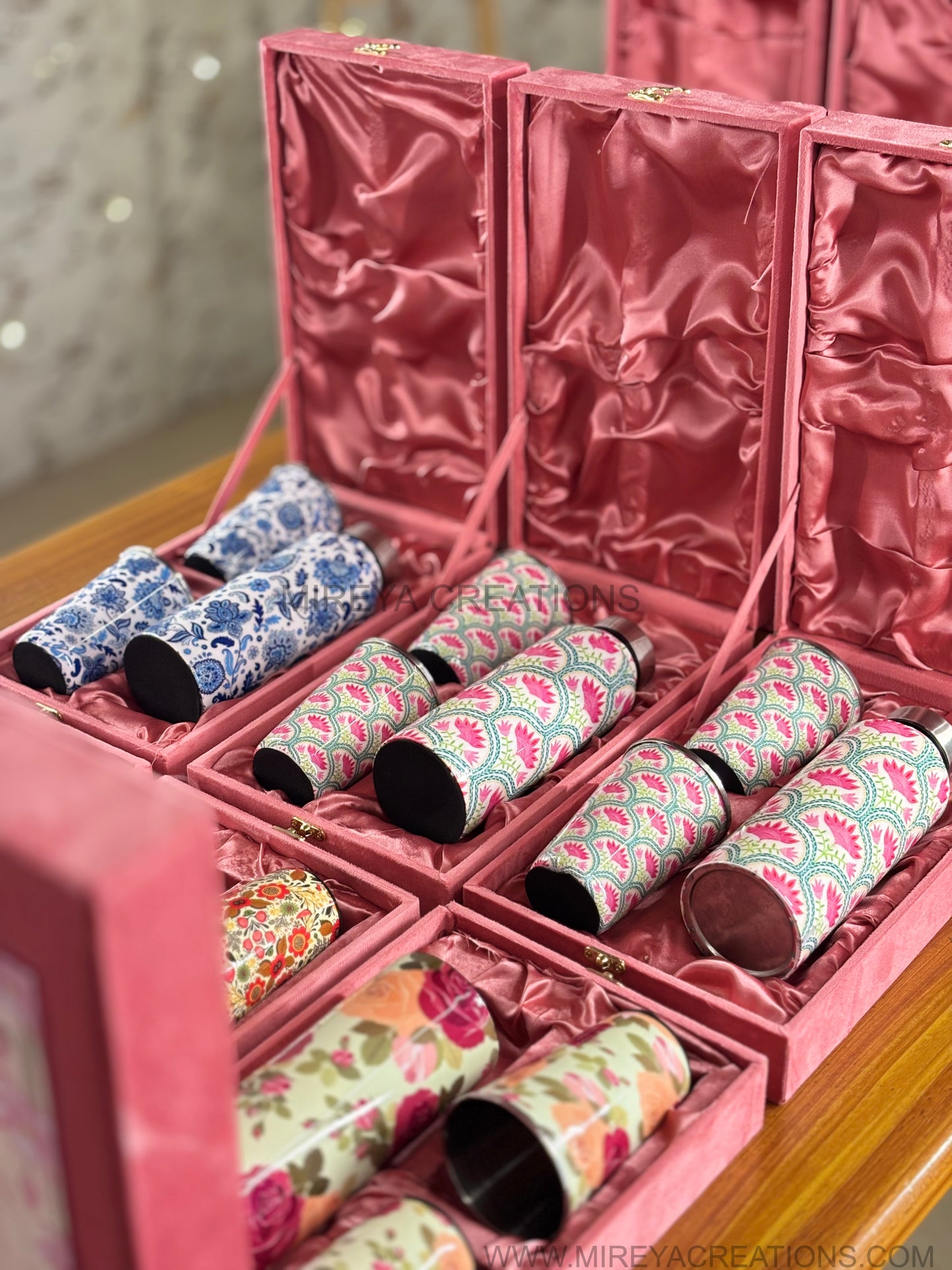 Stainless Steel Bottle & Tumbler Set Return Gift | Personalised Steel Drinkware Set in Pink Velvet Box | Wedding & Festive Favor Under ₹