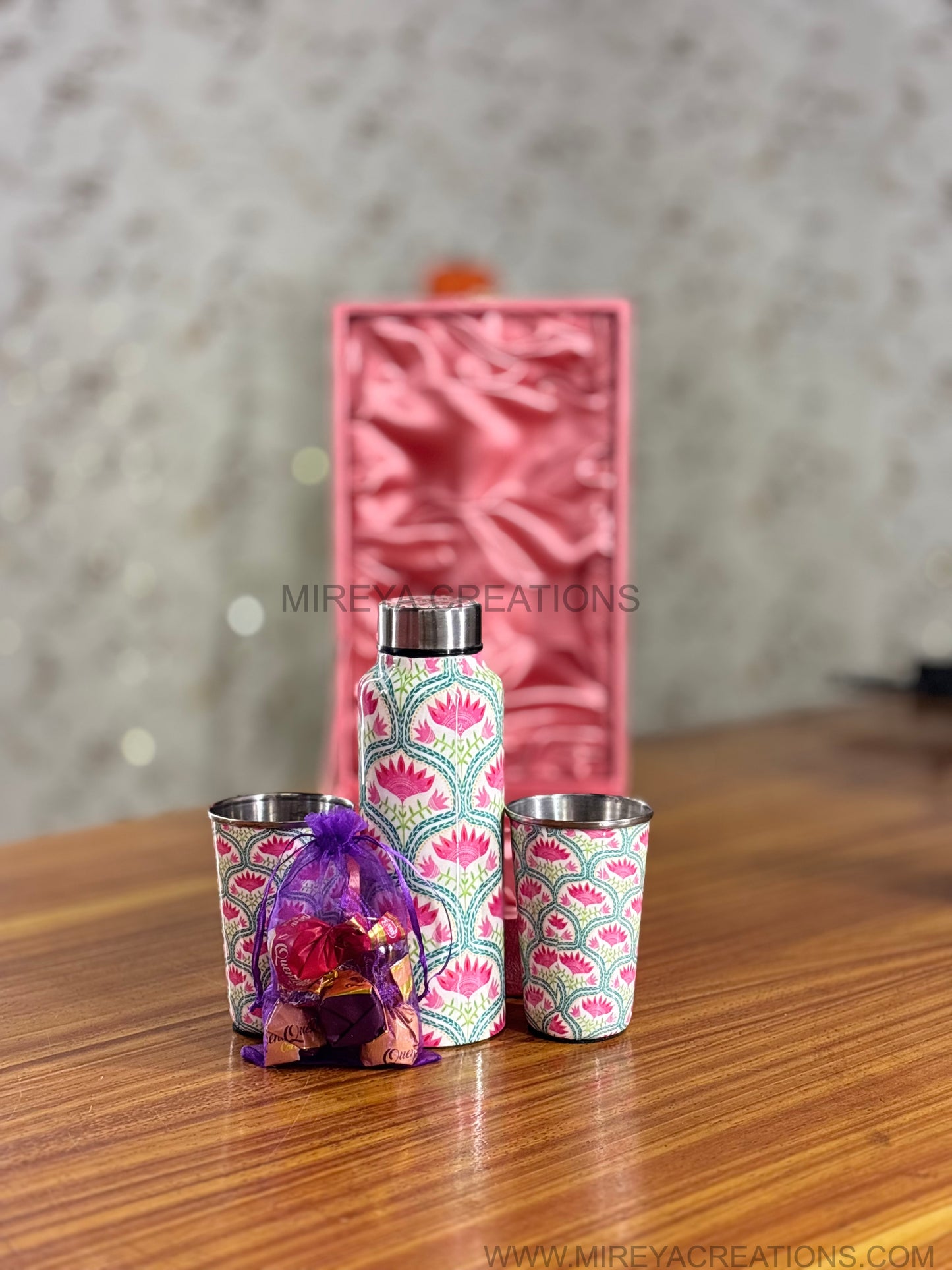 Stainless Steel Bottle & Tumbler Set Return Gift | Personalised Steel Drinkware Set in Pink Velvet Box | Wedding & Festive Favor Under ₹