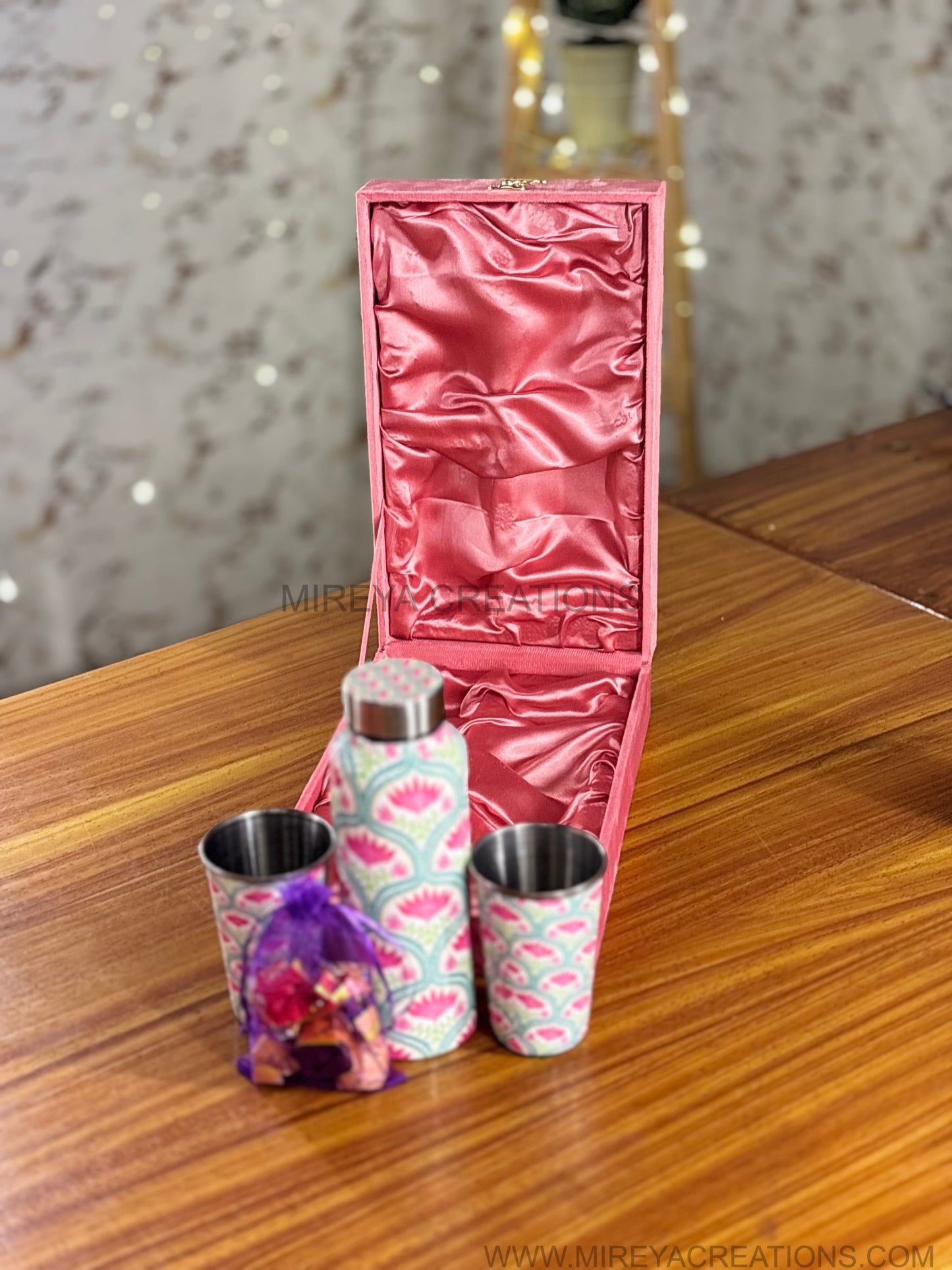 Stainless Steel Bottle & Tumbler Set Return Gift | Personalised Steel Drinkware Set in Pink Velvet Box | Wedding & Festive Favor Under ₹