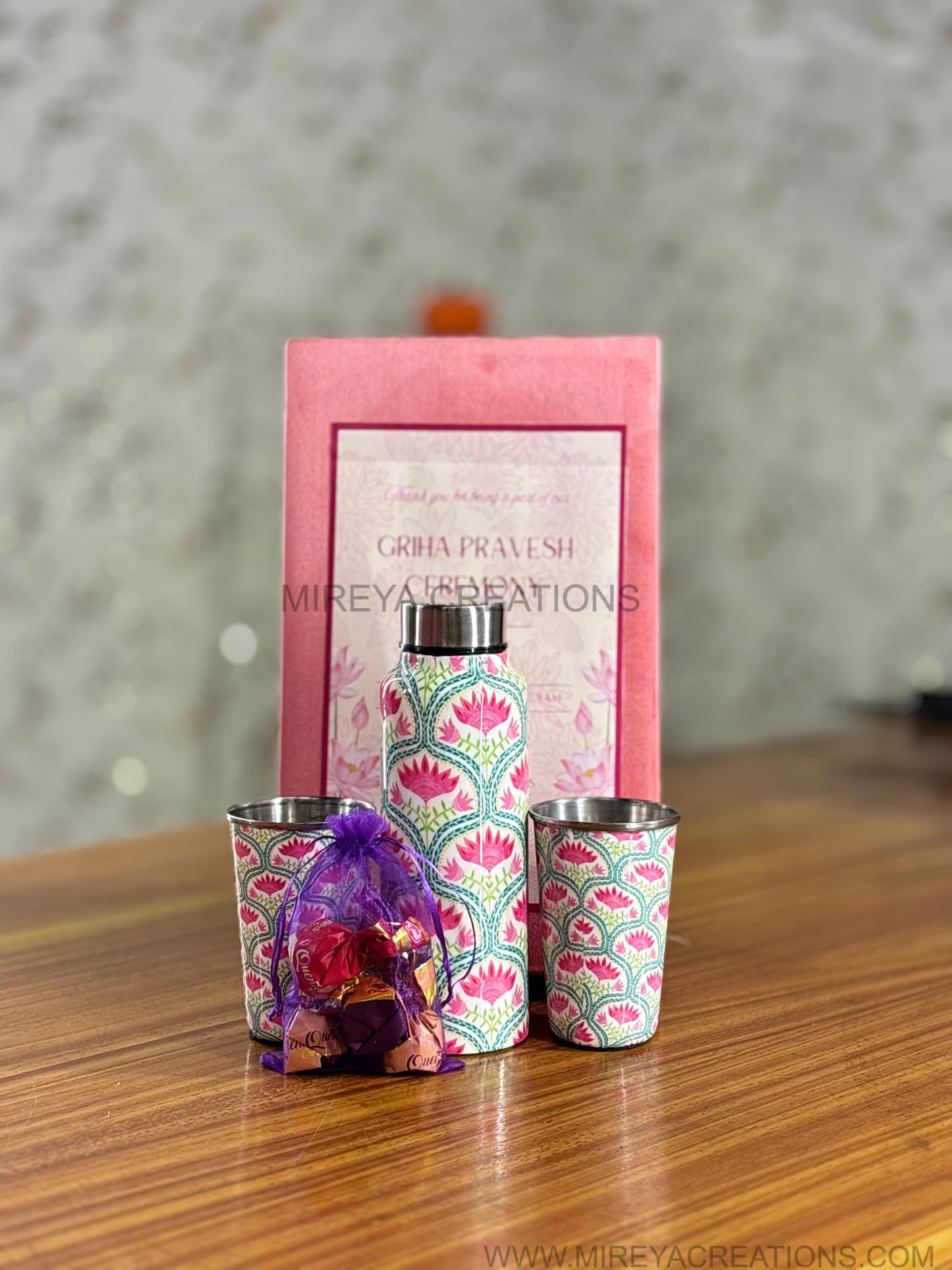 Stainless Steel Bottle & Tumbler Set Return Gift | Personalised Steel Drinkware Set in Pink Velvet Box | Wedding & Festive Favor Under ₹