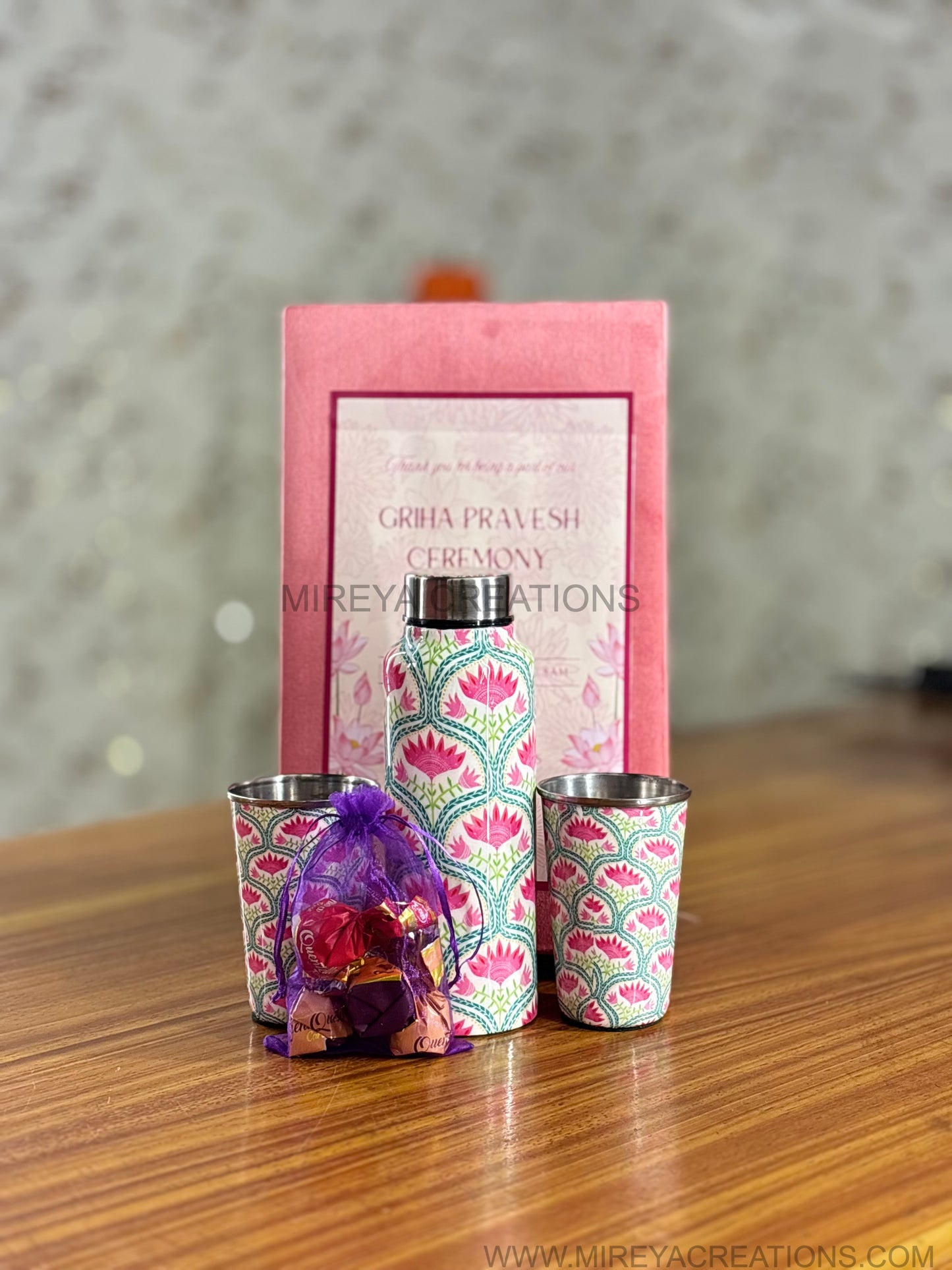 Stainless Steel Bottle & Tumbler Set Return Gift | Personalised Steel Drinkware Set in Pink Velvet Box | Wedding & Festive Favor Under ₹