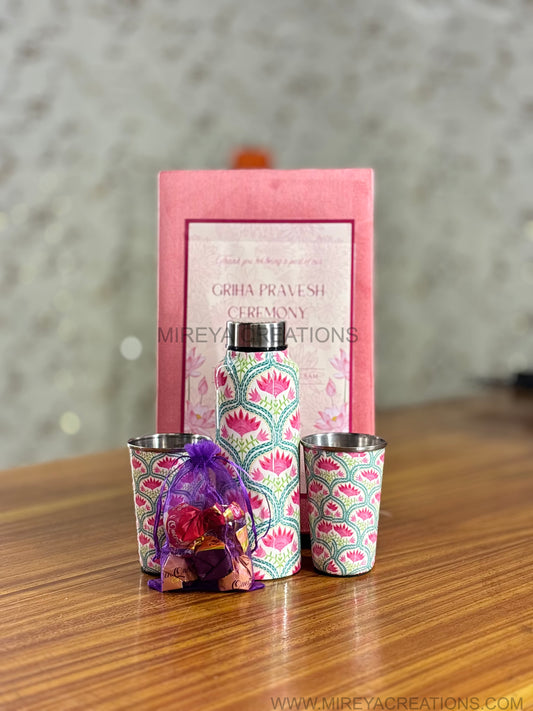 Stainless Steel Bottle & Tumbler Set Return Gift | Personalised Steel Drinkware Set in Pink Velvet Box | Wedding & Festive Favor Under ₹