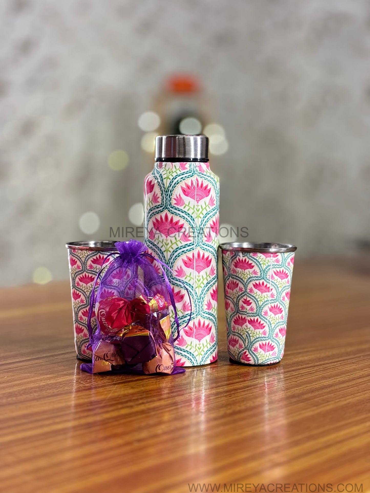 Stainless Steel Bottle & Tumbler Set Return Gift | Personalised Steel Drinkware Set in Pink Velvet Box | Wedding & Festive Favor Under ₹