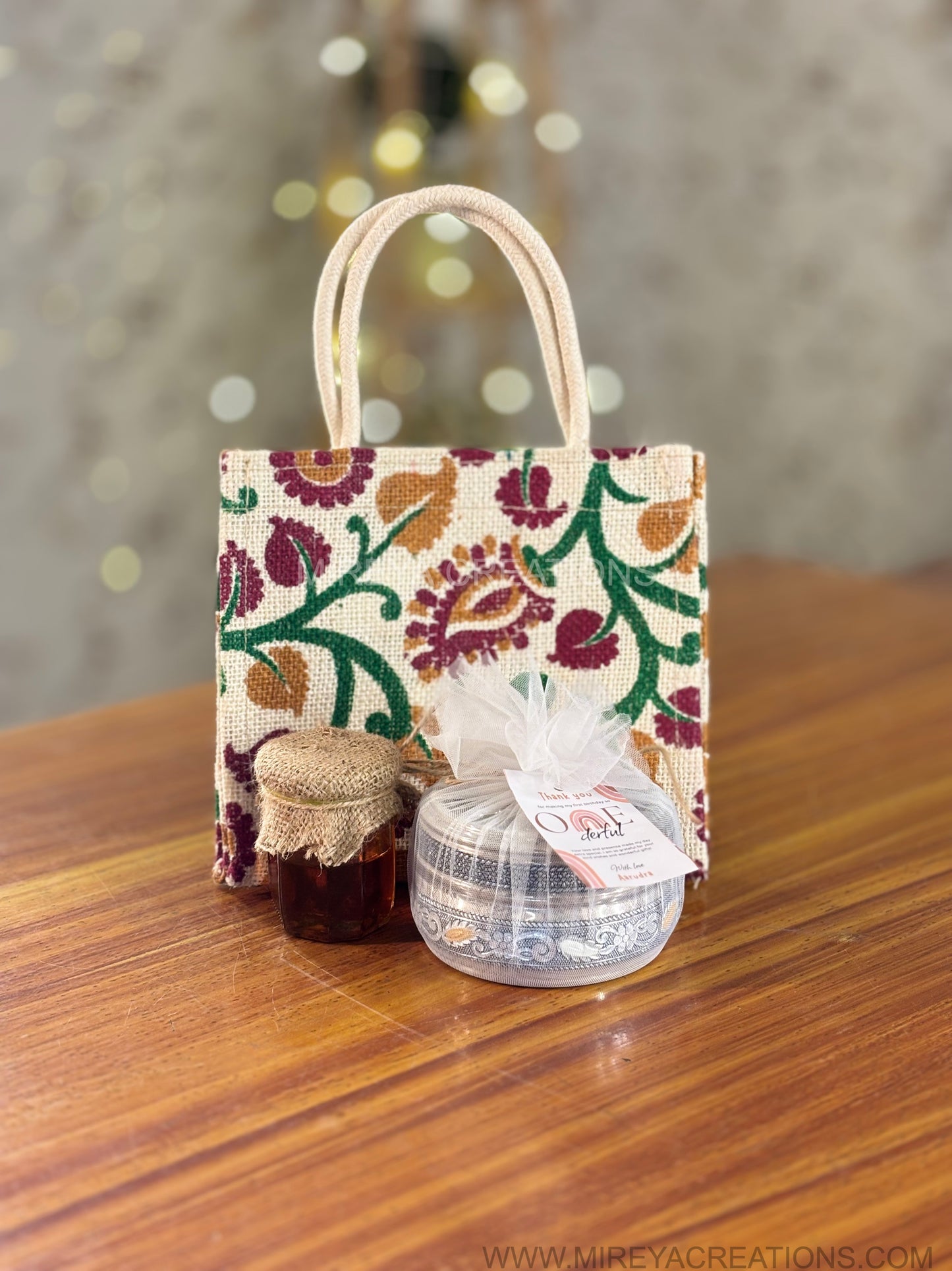 Meenakari Transparent Top Box Gift Set Return Gift | Honey Jar & Kalamkari Jute Bag Combo | Wedding & Festive Favor Under ₹500