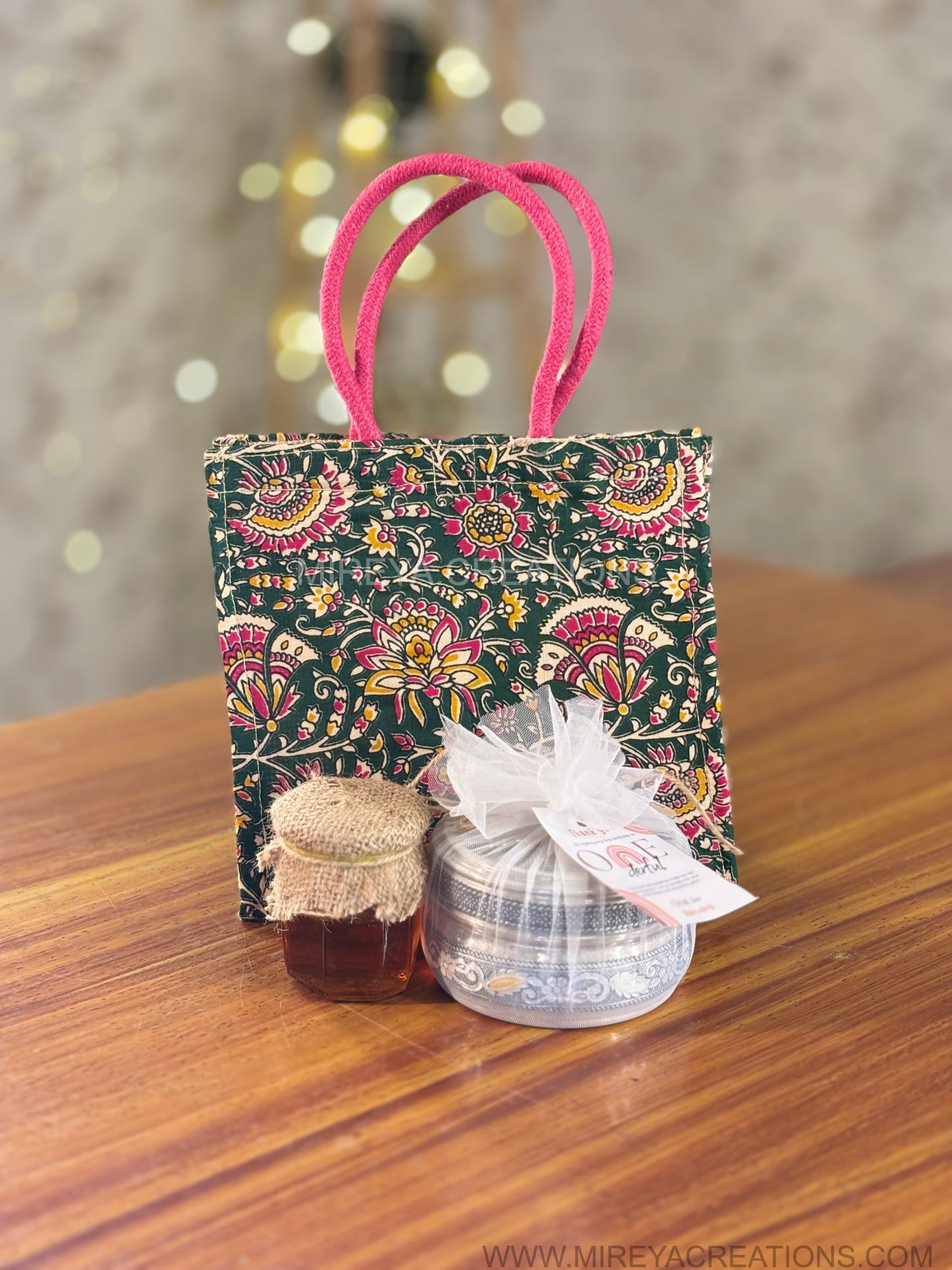 Meenakari Transparent Top Box Gift Set Return Gift | Honey Jar & Kalamkari Jute Bag Combo | Wedding & Festive Favor Under ₹500