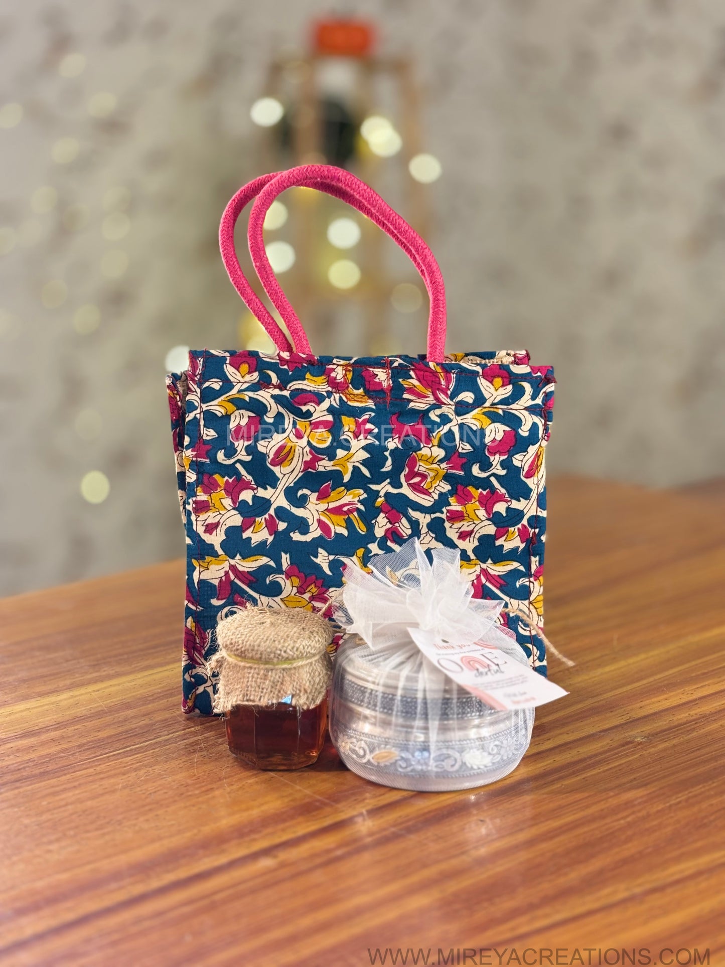 Meenakari Transparent Top Box Gift Set Return Gift | Honey Jar & Kalamkari Jute Bag Combo | Wedding & Festive Favor Under ₹500