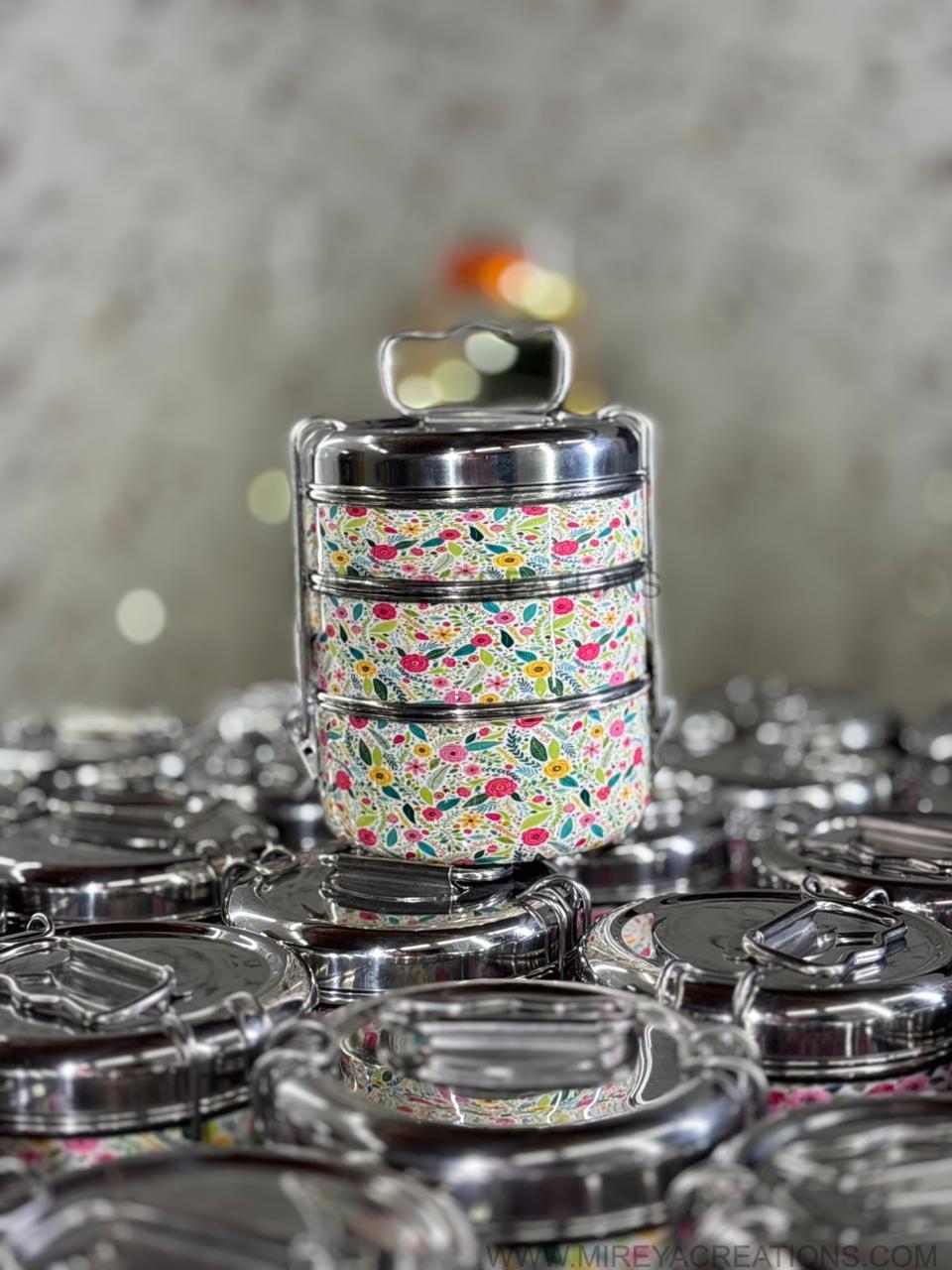 3-Tier Stainless Steel Printed Tiffin Carrier Return Gift | Lunch Box Gift Under ₹1200 | Wedding & Housewarming Favor