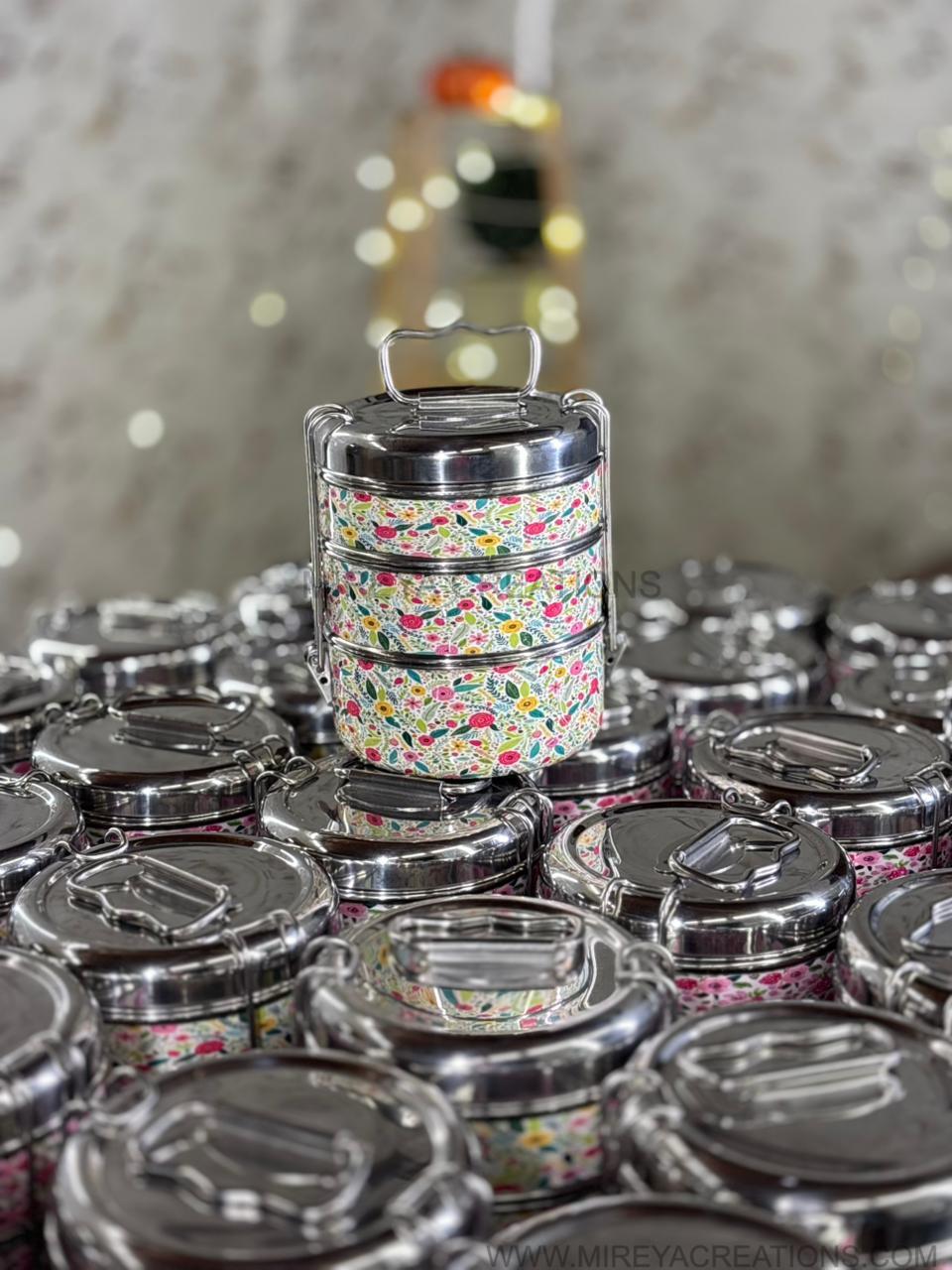 3-Tier Stainless Steel Printed Tiffin Carrier Return Gift | Lunch Box Gift Under ₹1200 | Wedding & Housewarming Favor