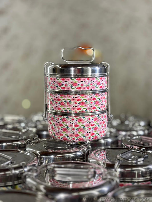 3-Tier Stainless Steel Printed Tiffin Carrier Return Gift | Lunch Box Gift Under ₹1200 | Wedding & Housewarming Favor