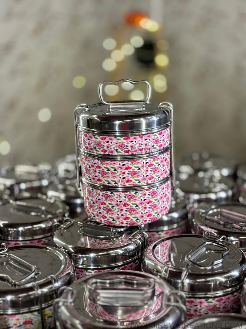 3-Tier Stainless Steel Printed Tiffin Carrier Return Gift | Lunch Box Gift Under ₹1200 | Wedding & Housewarming Favor