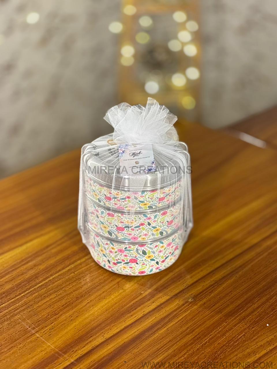 3-Tier Stainless Steel Printed Tiffin Carrier Return Gift | Lunch Box Gift Under ₹1200 | Wedding & Housewarming Favor